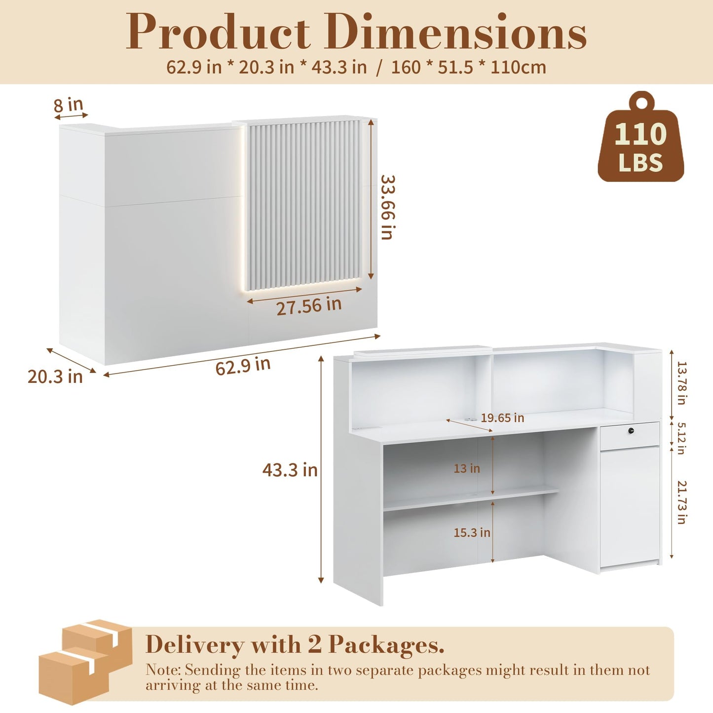 Reception Desk with Counter, Small Front Desk Reception Counter Lockable Drawer, Grille Design Wooden Modern Reception Table for Salon Lobby Office Home Supermarket (White-1)