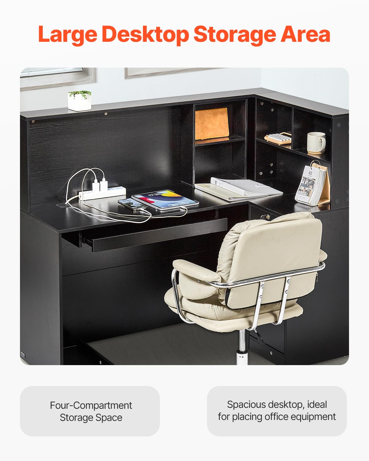 VEVOR Reception Desk, 55Inch L-Shaped Front Counter Table, Office Reception Counter with Drawer Keyboard Tray and Storage Cabinet, for Checkout, Lobby, Beauty Salon & Office, Black