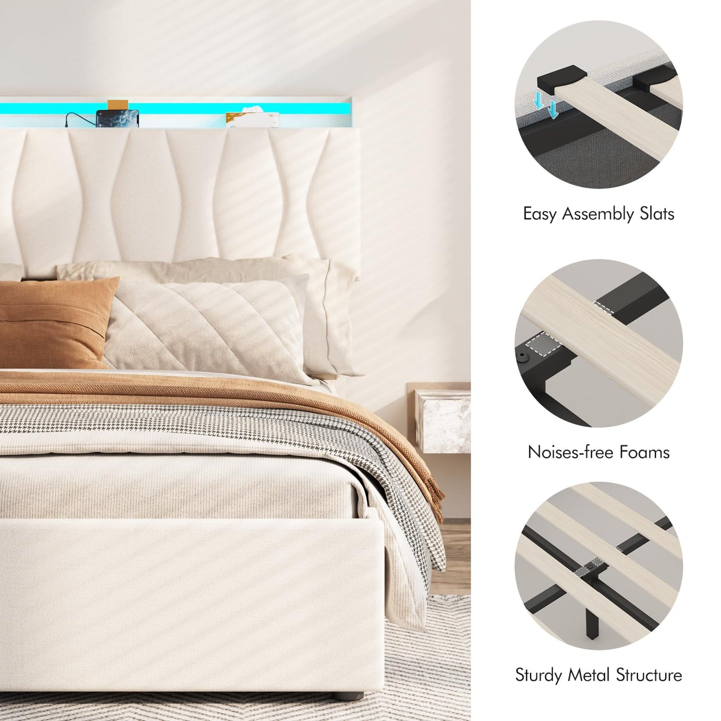 Fameill Queen Size Lift Up Storage Bed Frame with Adjustable Headboard, Charging Station, LED Lights, Wood Slats, Noise-Free, No Box Spring Needed, Beige