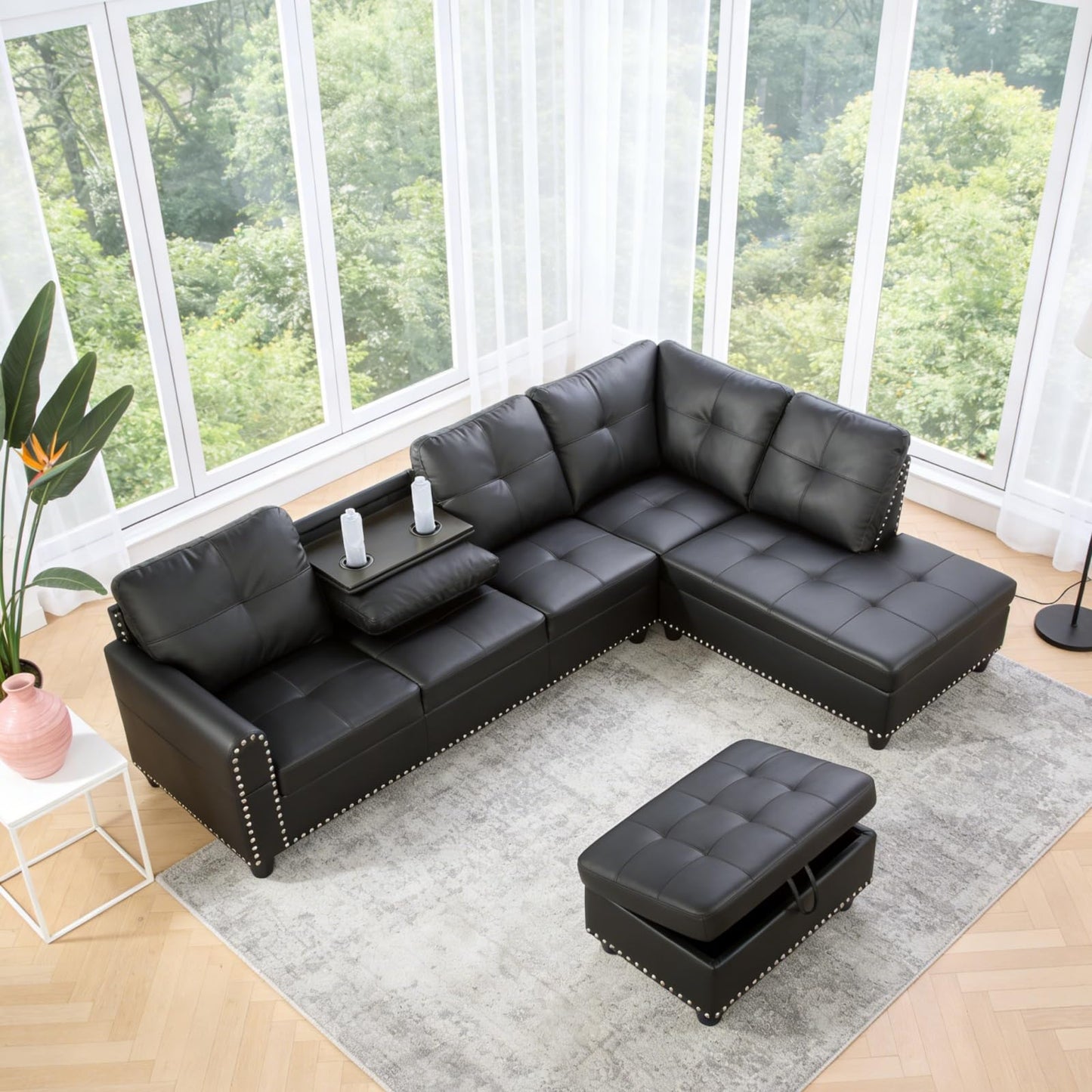 Trygoal 97.5" L-Shape Sofa with Storage Ottoman & Reversible Coffee Table, Leather Sectional Couch with Right Chaise, Modern 3-Piece Sofa Set, Upholstered Couch Set with Solid Wood Frame, Dark Grey