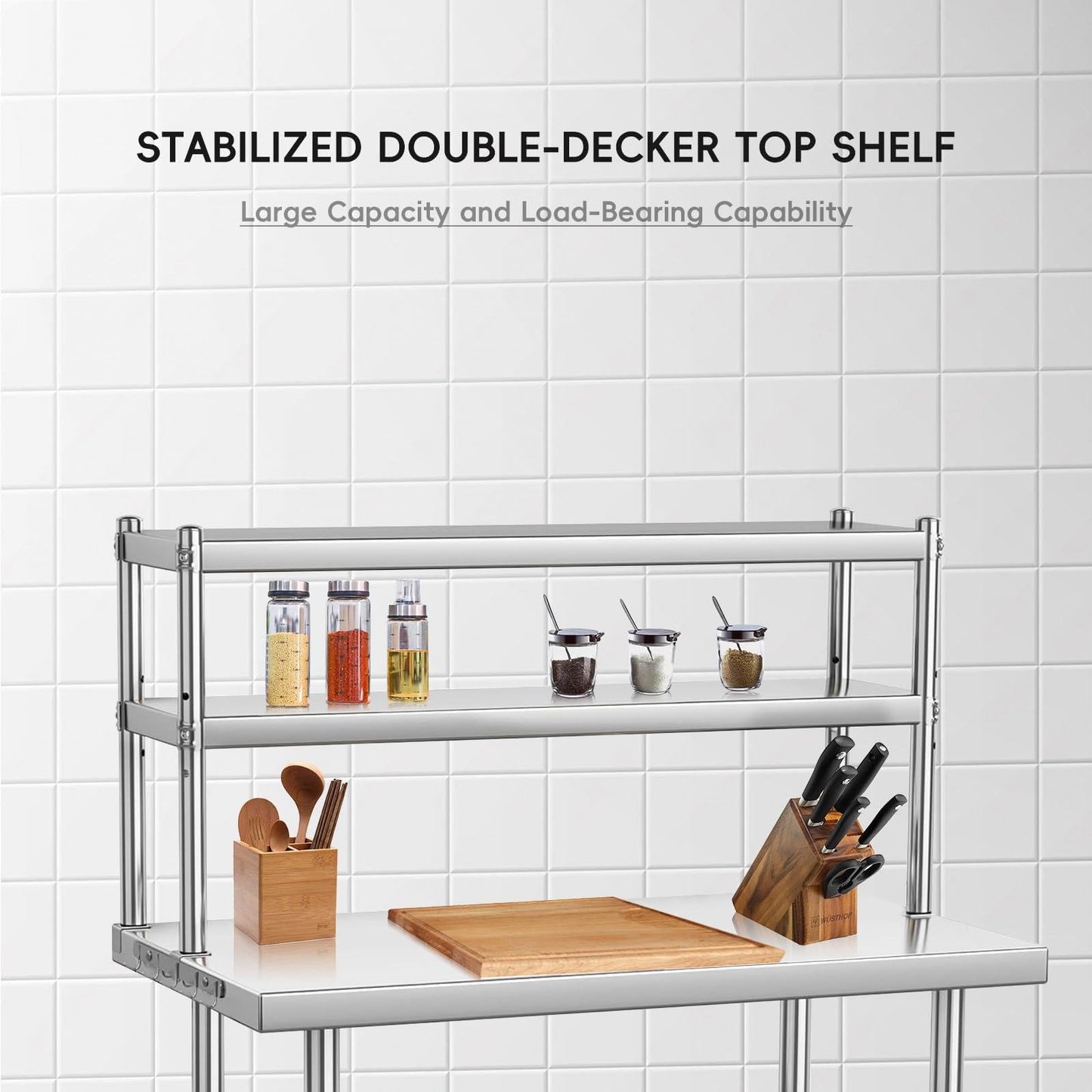 Patikuin Heavy Duty Stainless Steel Prep Table - Seamless Workbench with Adjustable Overshelves and Storage Shelf - Space-Saving Solution for Commercial Kitchen, Restaurant, Home, or Garage - 48x30in