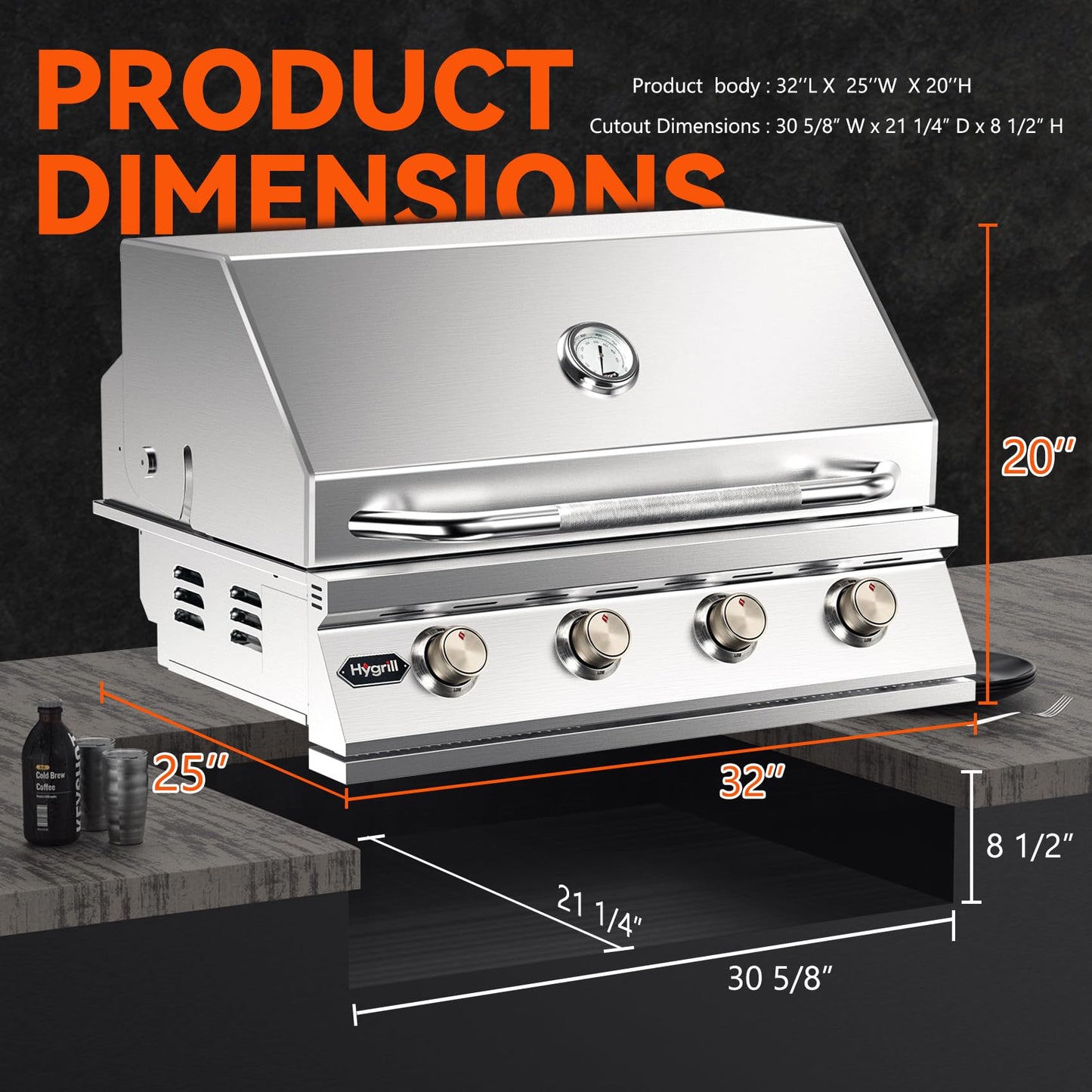 Hygrill STD Series 32-Inch Built In Grill, Stainless Steel 4-Burner Grill Head for Outdoor Kitchen, Liquid Propane