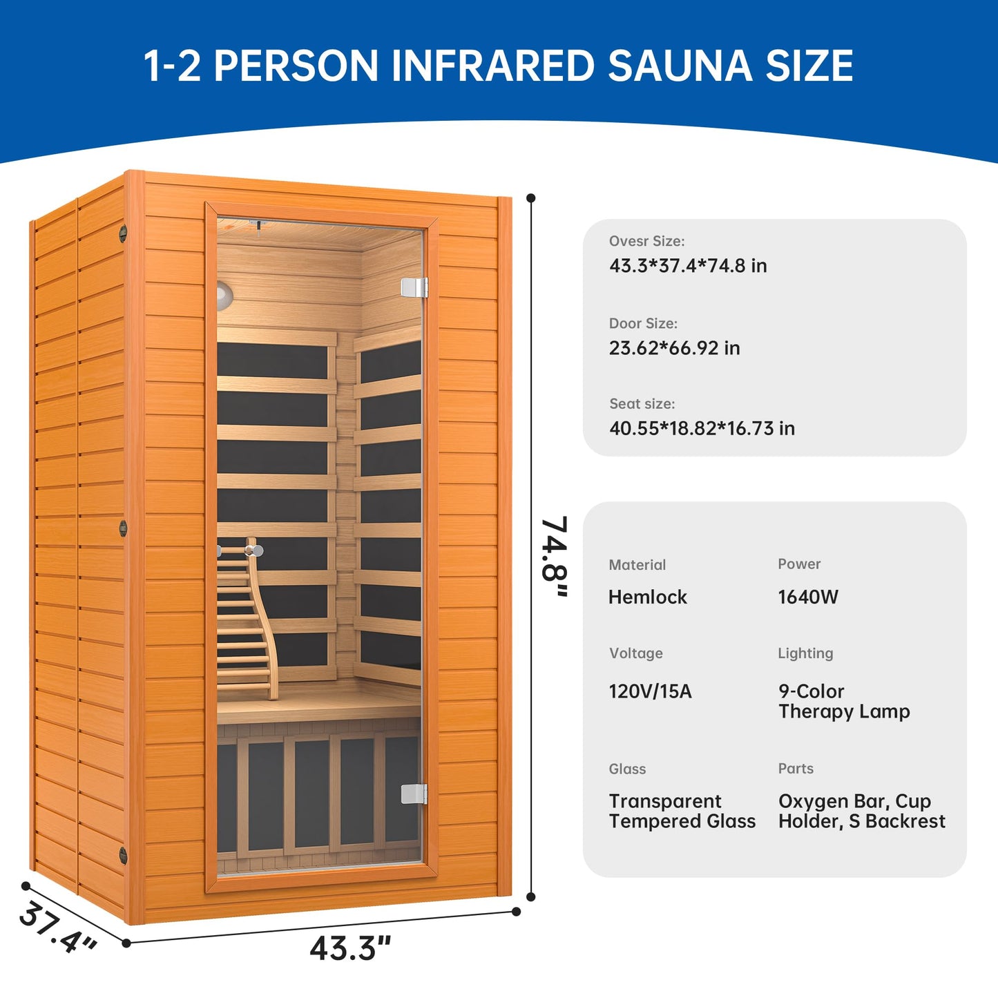 RESTISLAND Infrared Sauna for Home, Near Zero EMF Home Saunas for up to 2 Person, Indoor Dry Heat Sauna Room with Infrared Red Light Therapy, Bluetooth Speakers, Canadian Hemlock Wood