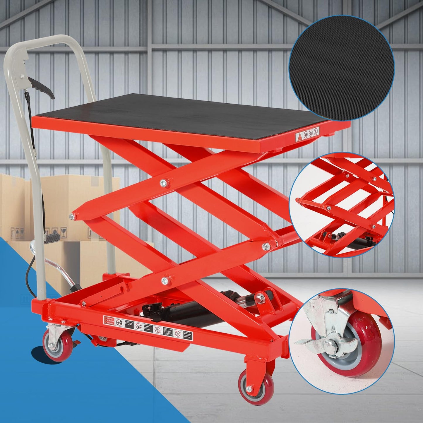 Garvee Heavy Duty Hydraulic Lift Table Cart 330LB Capacity, Double Scissor Lift Table with 50" Lifting Height, Non-Slip Platform & Locking Wheels for Garage, Warehouse, Workshop, Red