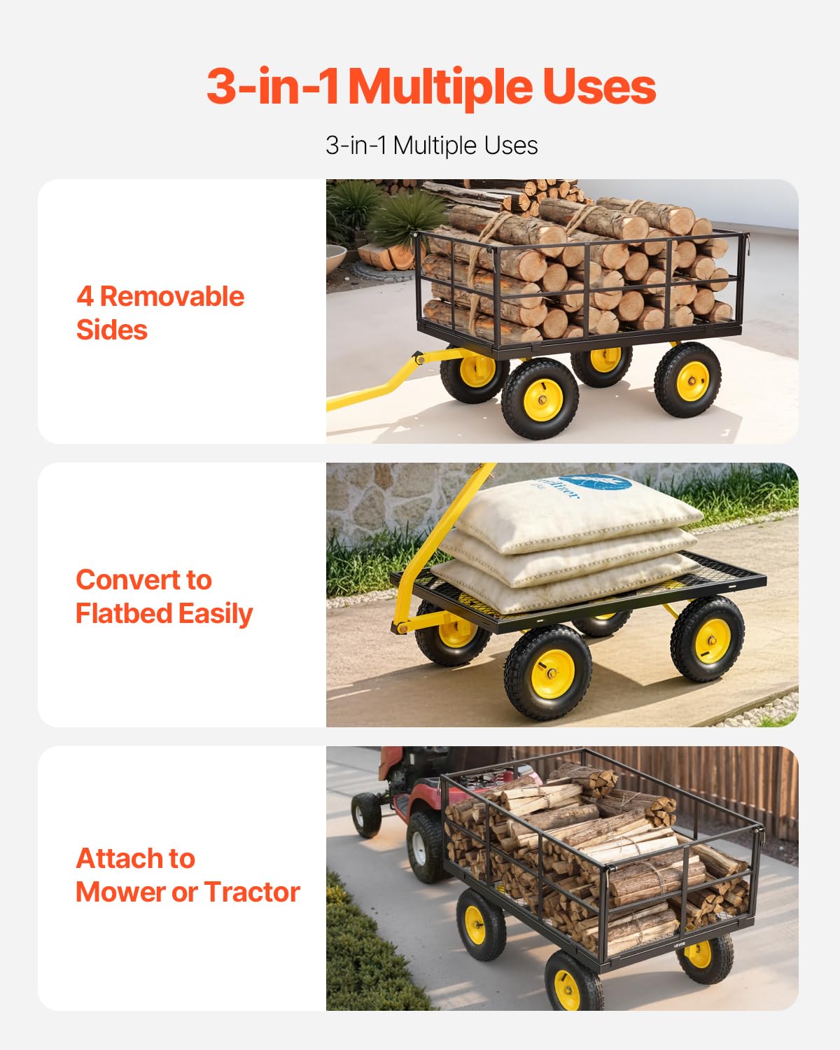 VEVOR Steel Garden Cart, 1400 lbs Heavy Duty Pullable Garden Wagon Yard Cart, 2 in 1 Outdoor Metal Utility Wagon Yard Trailer with 13" All Terrain Tires, Mesh Detachable Sides and 180° Rotating Handle