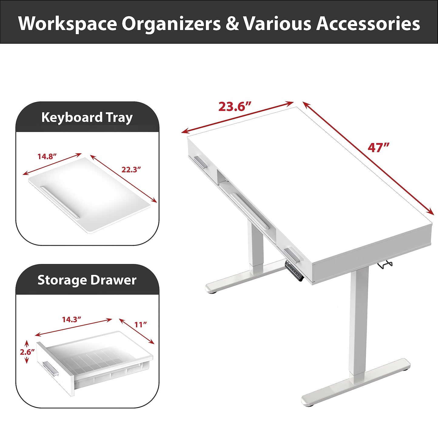 SHW 48-Inch Electric Height Adjustable Desk with Keyboard Tray and 2 Drawers, White