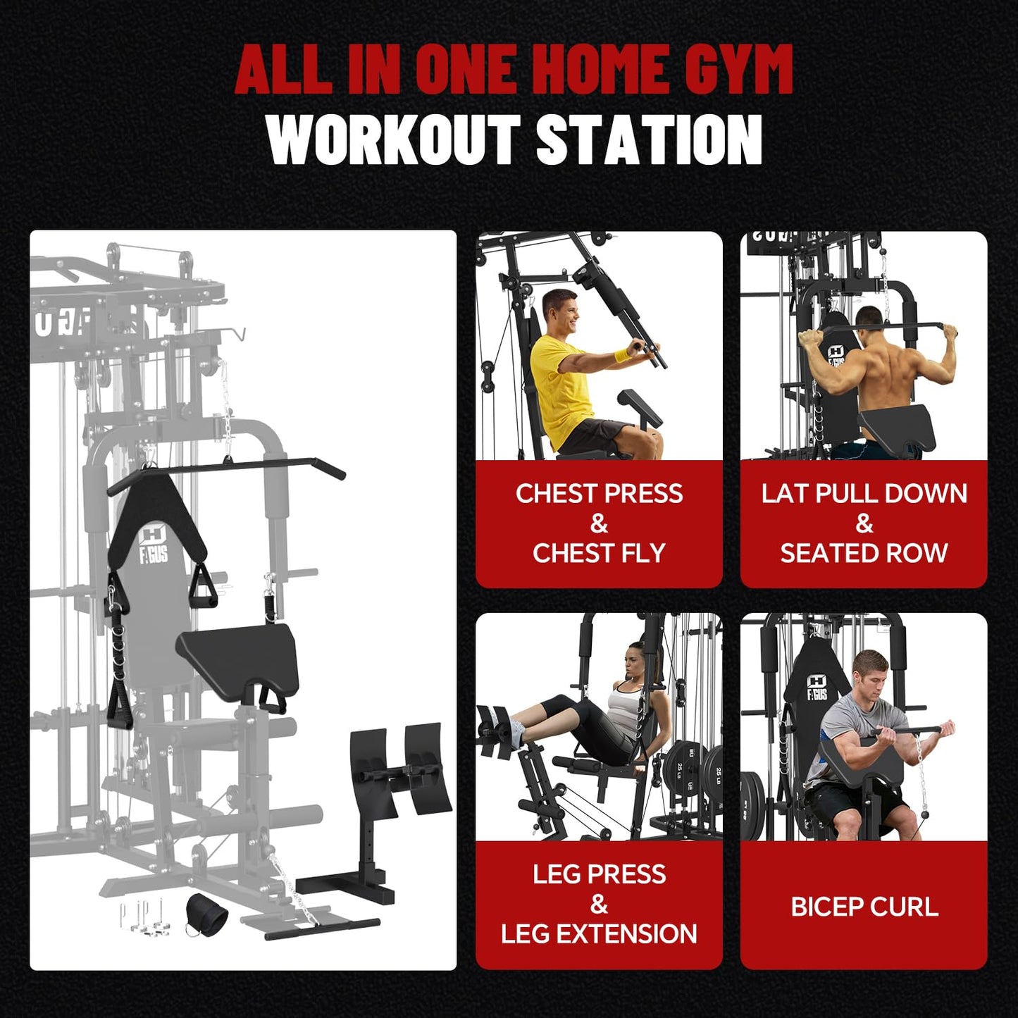 FAGUS H All in One Home Gym System Workout Station, Multi-Function Smithe Machine Power Cage with Cable Crossover, Tripe-Sided Independent Load Posts, Functional Trainer for Full Body Training, Black