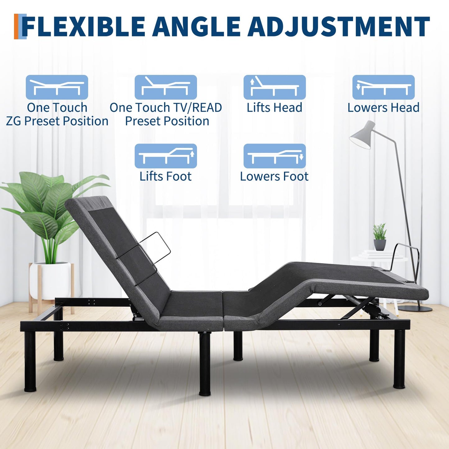 Garvee Twin XL Adjustable Bed Frame with Massage - Electric Bed Base with Head & Foot Incline, LED Under-Bed Night Light, 4 Height-Adjustable Legs, Wireless Remote, Zero/Anti-Snore/Memory Presets