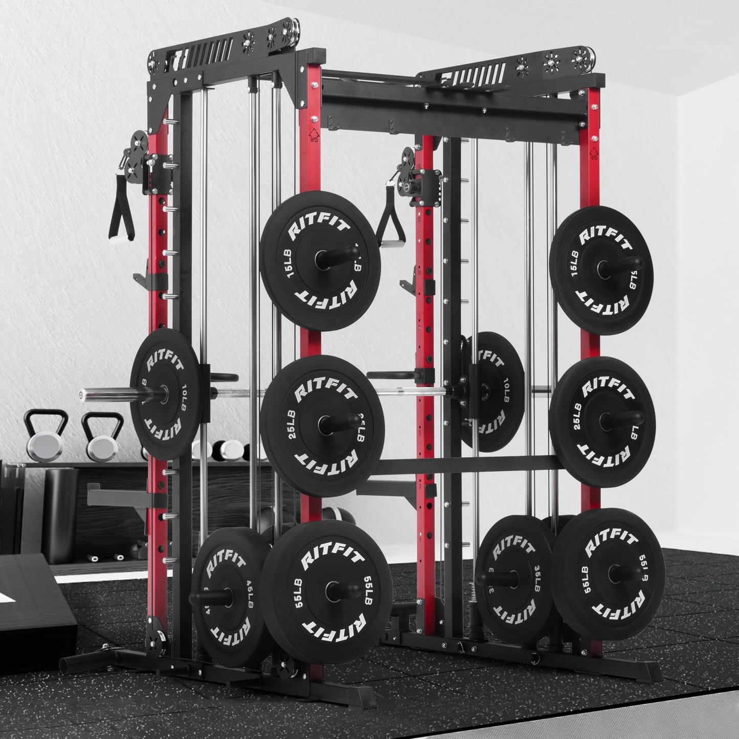 RitFit M1 Pro SmithMachine with Cable Crossover System, Multi-Function Squat Rack Power Cage for Home Gym, Power Rack and Packages Red（bp260 Package）