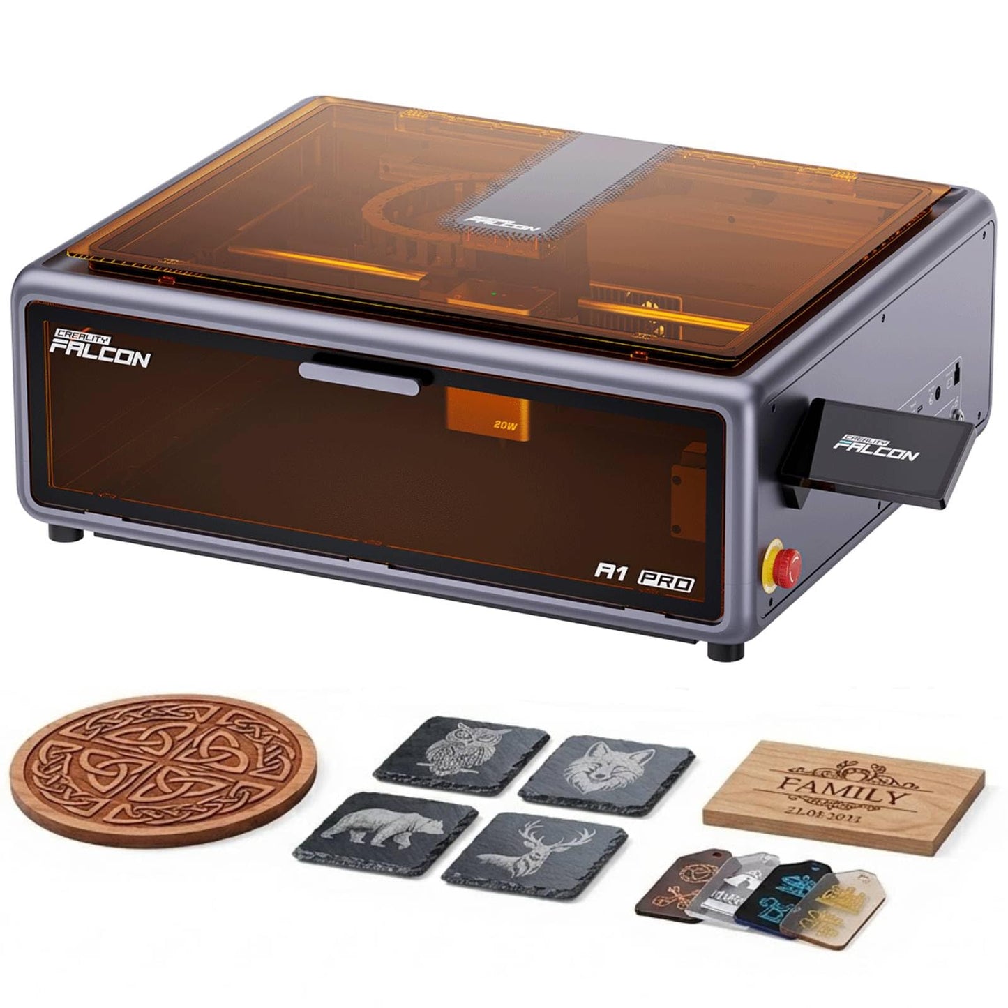 Creality Falcon A1 Pro 20W Laser Engraver, 180000mW Output Enclosed Engraving Machine with Touchscreen, Autofocus, App Control, Pre-Assembled Design, Class 1 Safety, Perfect for Wood & Metal