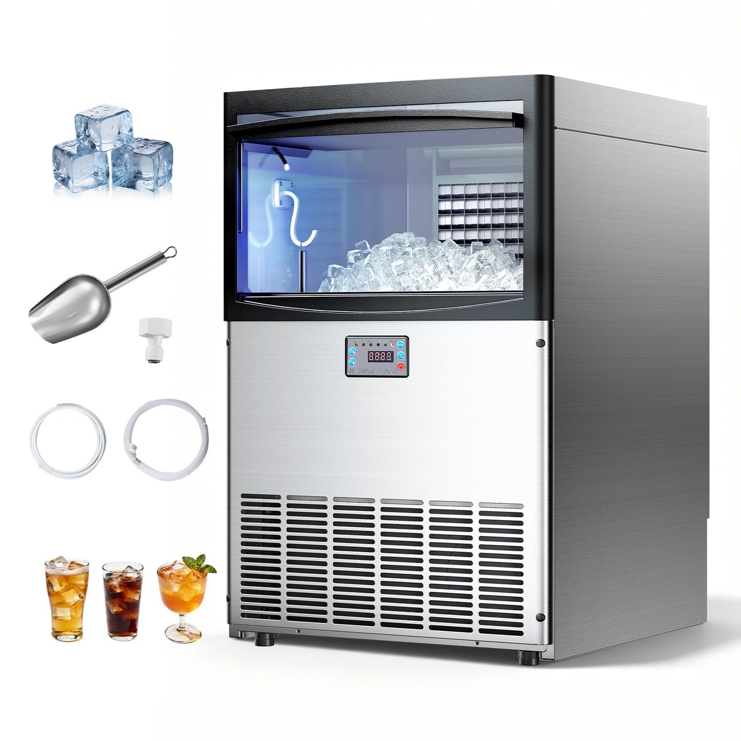 VEVOR Commercial Ice Maker Machine, 200 lbs/24h with 50 lbs Storage Capacity, Built-in/Freestanding/Under Counter, Stainless Steel Ice Maker with LED Display & Self-Cleaning, for Home Bar Restaurant