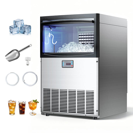 VEVOR Commercial Ice Maker Machine, 200 lbs/24h with 50 lbs Storage Capacity, Built-in/Freestanding/Under Counter, Stainless Steel Ice Maker with LED Display & Self-Cleaning, for Home Bar Restaurant