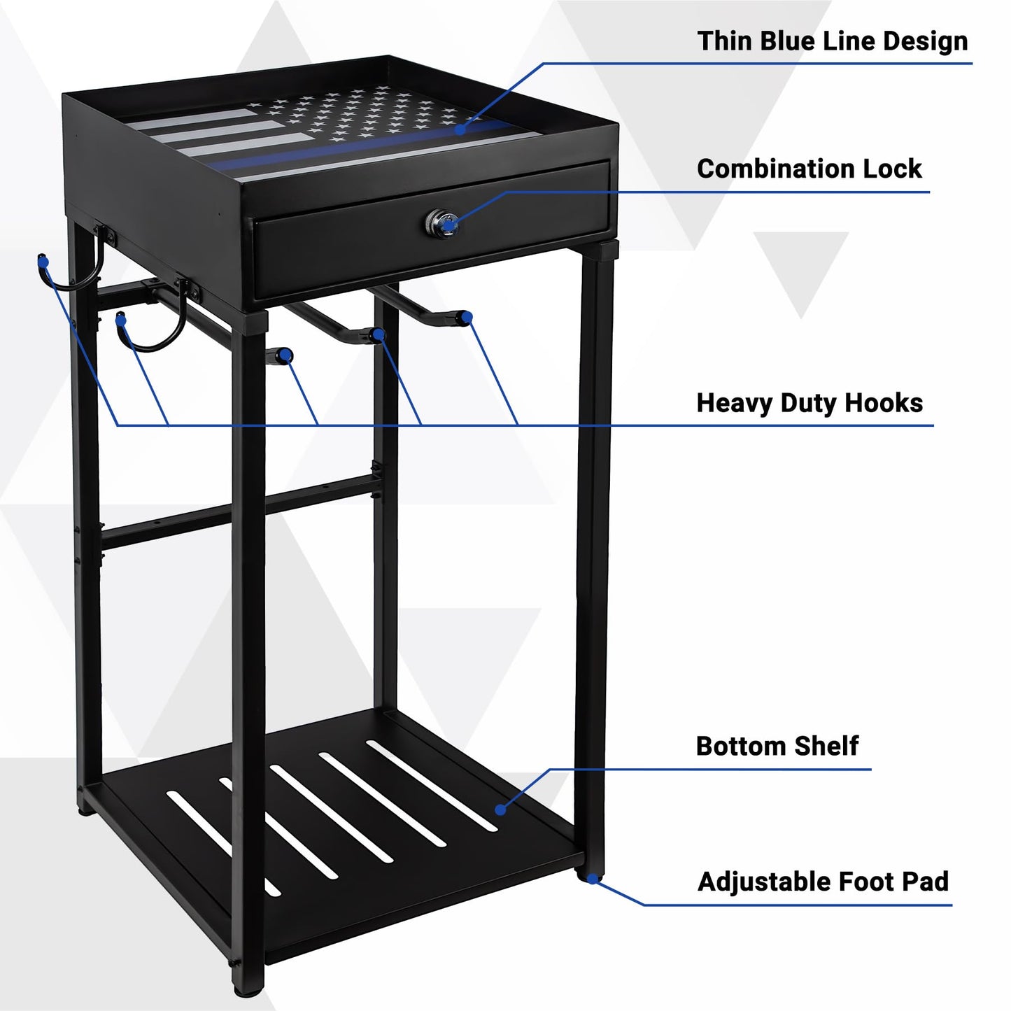 Neoaider Police Gear Stand with Gun Storage 42" x 18" x 18”, Police Hanger with 5 Hooks, Tactical Duty Gear Rack Decor with Thin Blue Line Flag, Black Body Armor Stand for Police Gift