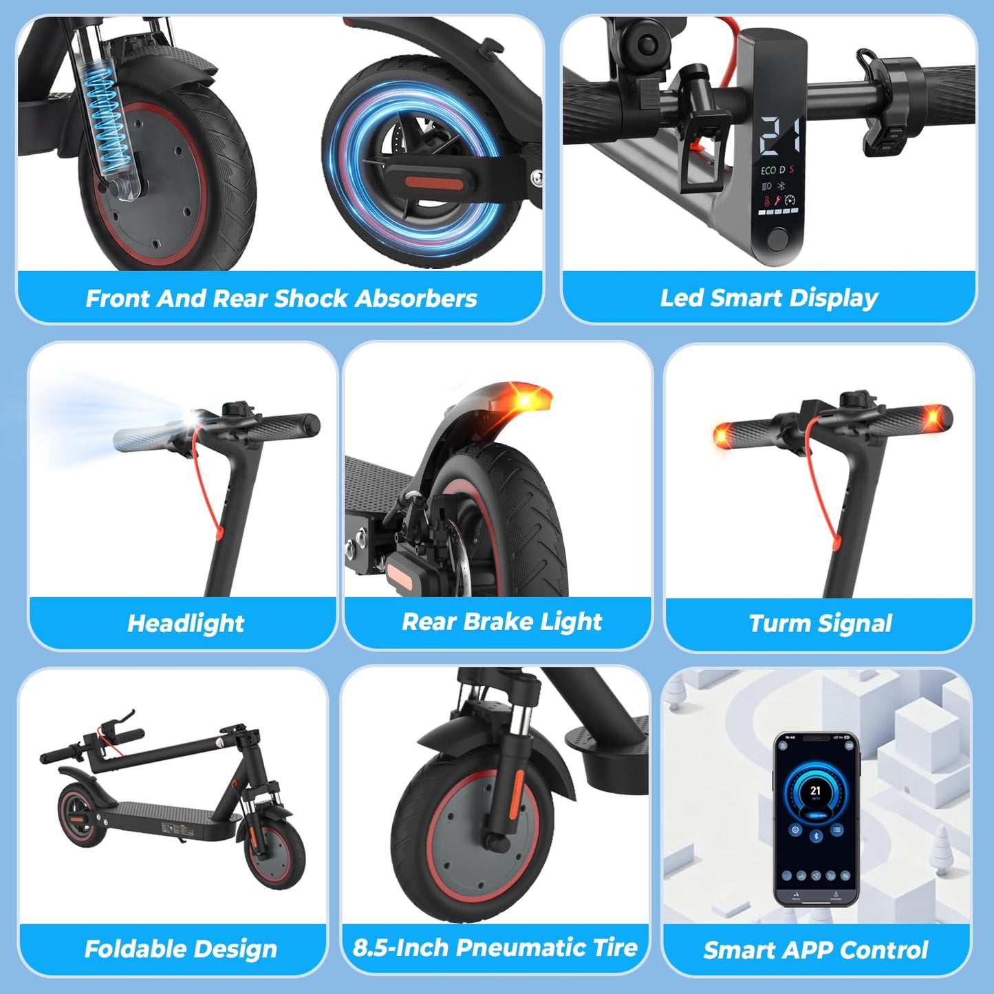WAWSCOTE Electric Scooters - Electric Scooter for Adults, 500W/1500W Motor, 18/21/25 Max MPH, 21/28 Miles Range, APP Control, Cruise Control, Lightweight Foldable E-Scooter