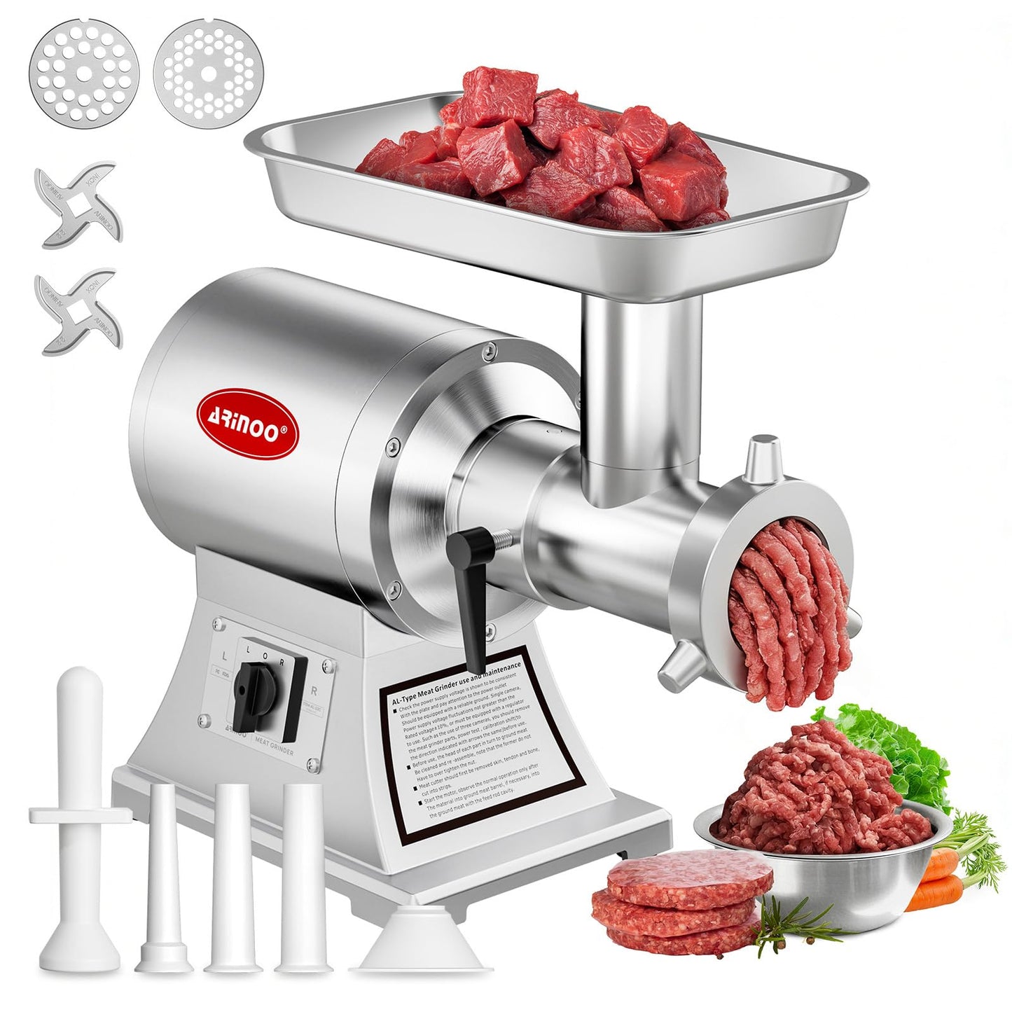 ARINOO Commercial Meat Grinder #22C, 1.0HP Heavy Duty Stainless Steel Industrial Meat Mincer w/2 Blades & Meat Pusher,Electric Meat Grinders for large batches home butchering, or small farm processing