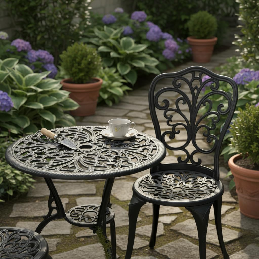 GDFStudio 3-Piece Outdoor Cast Aluminum Patio Bistro Set, Outdoor Bistro Furniture Set with Round Table and 2 Chairs for Patio, Balcony, Porch, Garden & Backyard, Weather-Resistant Patio Set, Black