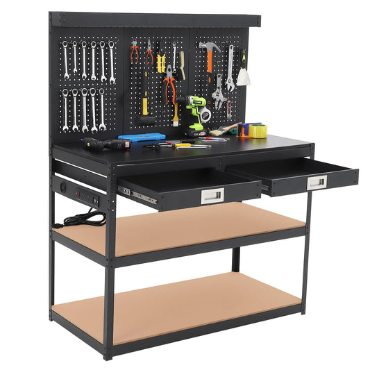 Work Bench 48" Adjustable Height,3-Tier Heavy-Duty Portable Workbench with Power Outlets and Drawer for Garage & Workshop, 880 LBS Load Capacity, Work Table for Office, Home, Easy Assembly