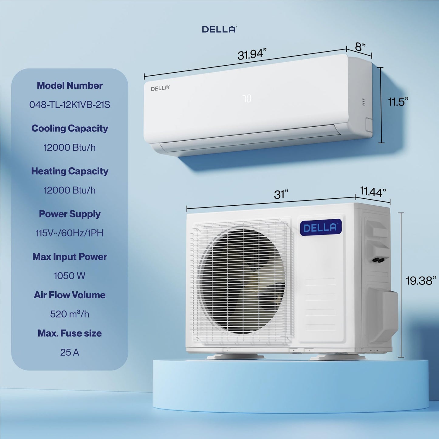 DELLA Vario Series 12000 BTU Mini Split AC, Work with Alexa and Wifi, 20.5 SEER2 Cools Up to 550 Sq.Ft, Energy Efficient, 115V Ductless Inverter System, Pre-Charged Heat Pump and 16.4ft Kits