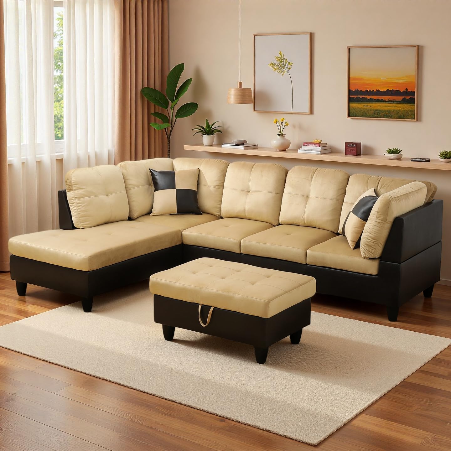 NicBex Sectional Couch 3 Pieces Sofa Set, L-Shaped Modular Couches for Living Room, Furniture Sets with Lounge Chaise & Storage Ottoman, Multi-Scene Use for Apartment & Office, Beige+Black