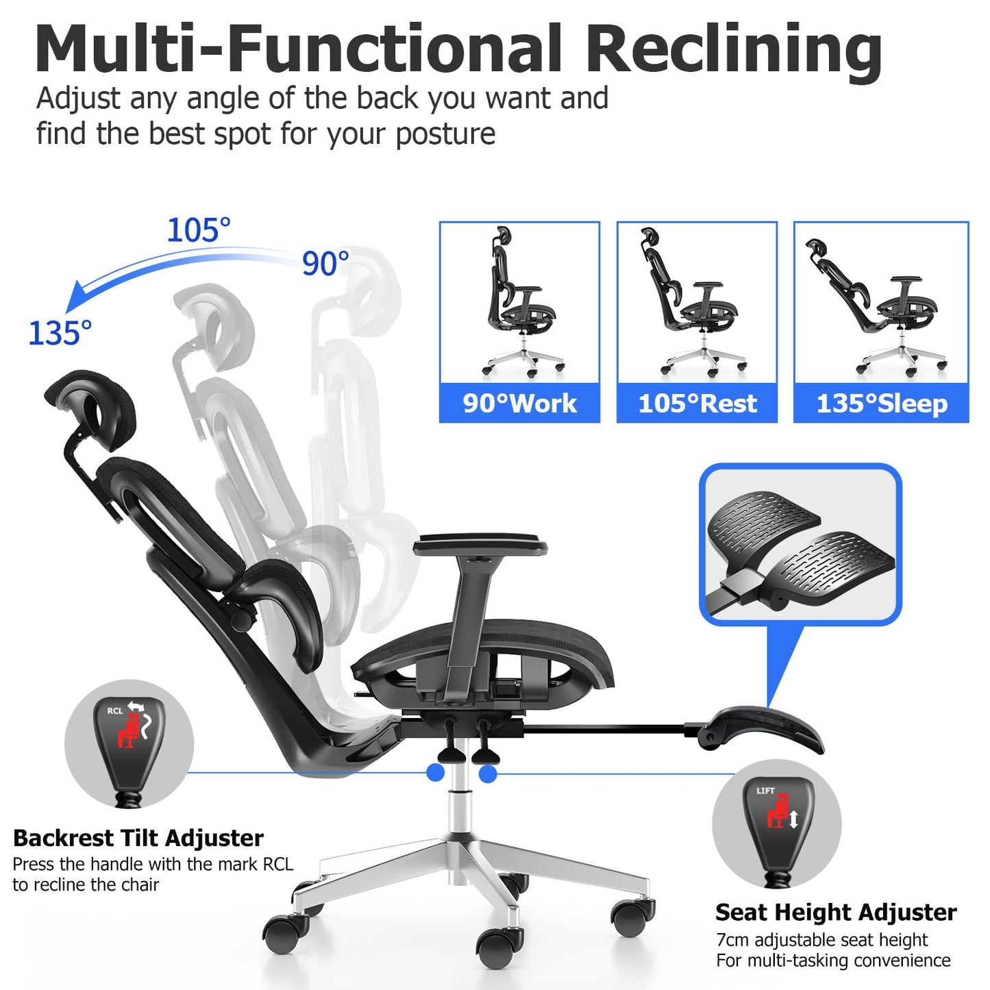 PatioMage Ergonomic Office Chair with Footrest, Big and Tall Desk Chair with Adjustable Lumbar Support, Seat Depth & 3D Armrests, High Back Mesh Computer Chair for Home Office, Black