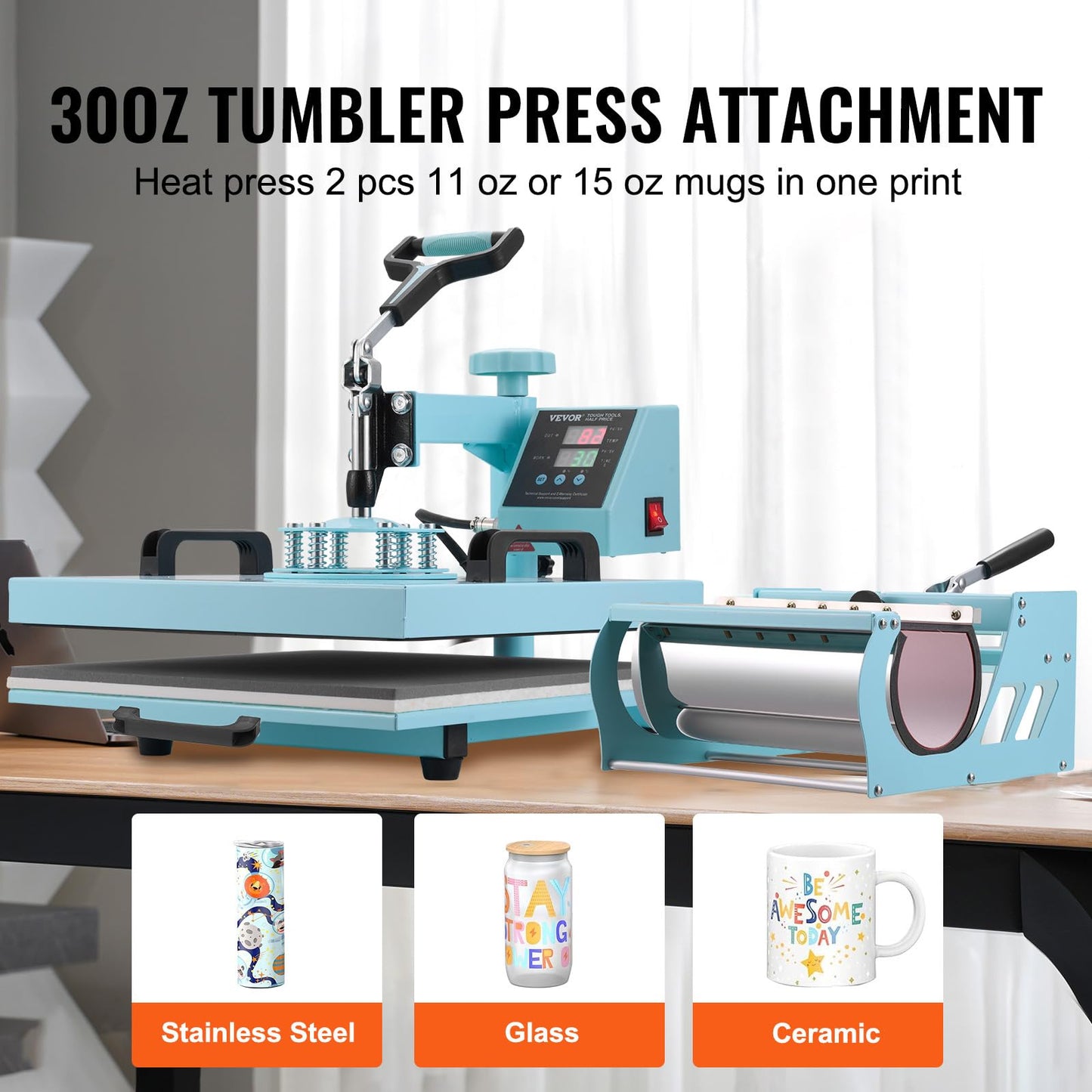 VEVOR Heat Press 15x15 inch, 5 in 1 T-Shirt Cap Hat Mug Press, Combo Tumbler Heat Press for plate Sublimation, Green