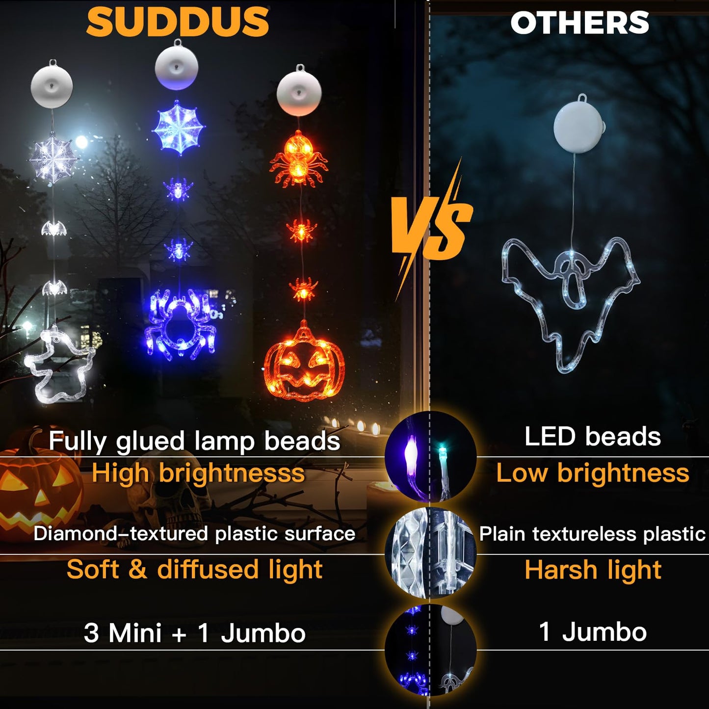 suddus Halloween Window Lights - 3 Pack Battery Operated with Timer - Orange Pumpkin, Purple Spider & White Ghost Decorations