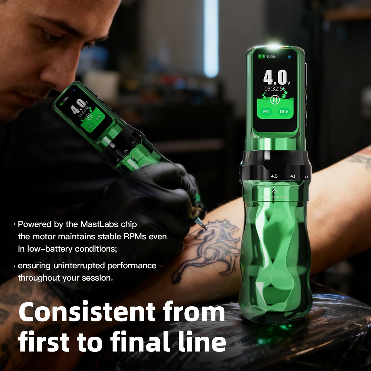 Mast Tattoo Fold Pro Cordless Tattoo Gun Kit Year of the Horse Edition Tattoo Machine 20 Pro Needles Black Tattoo Ink for Professional Artists Complete Tattoo Supplies (Green)