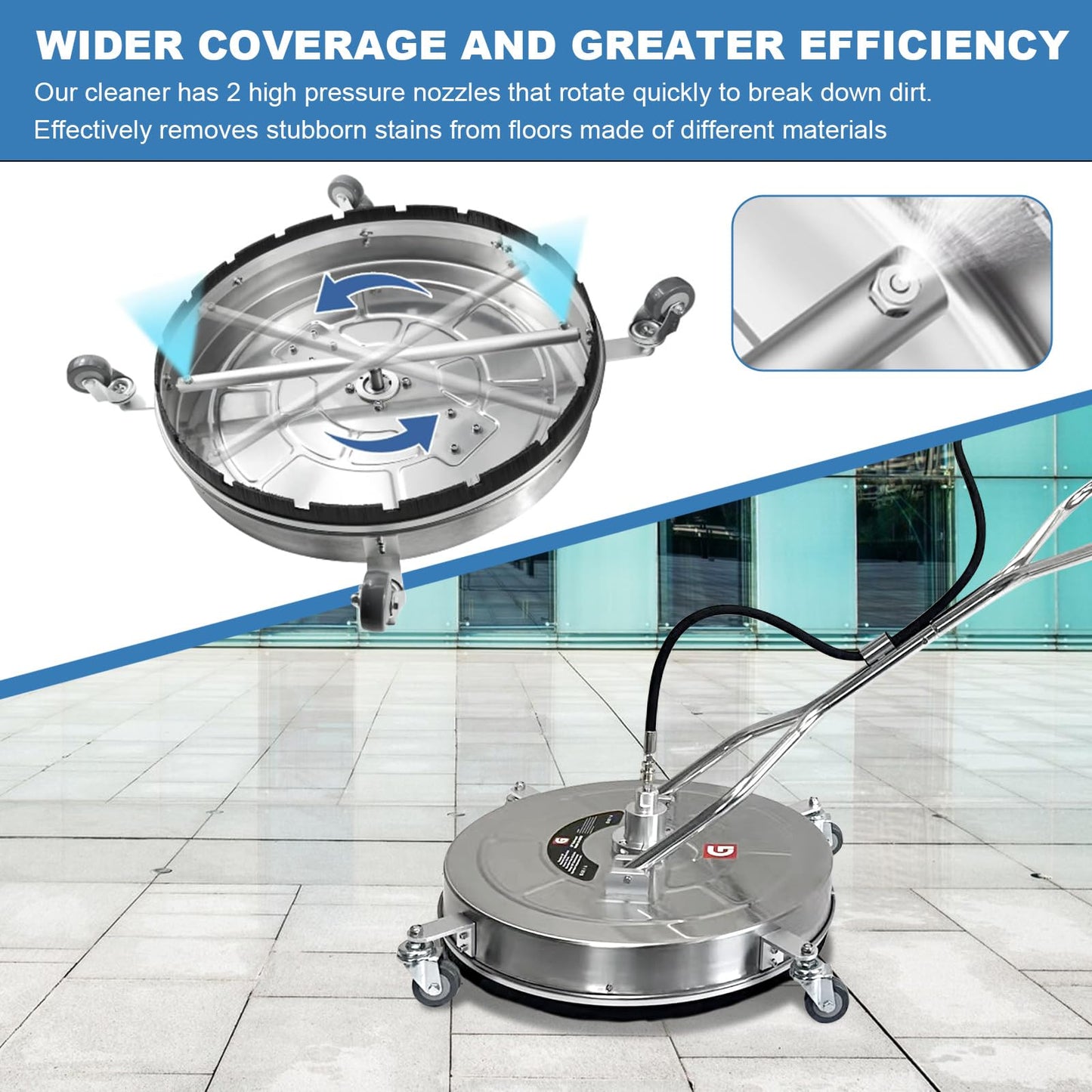 24" Pressure Washer Surface Cleaner with Dual Handles – Stainless Steel, 4-Wheel Design for Driveways, Sidewalks, Curbs, Decks, & Patios – 4900 PSI, High-Efficiency Cleaning Accessory