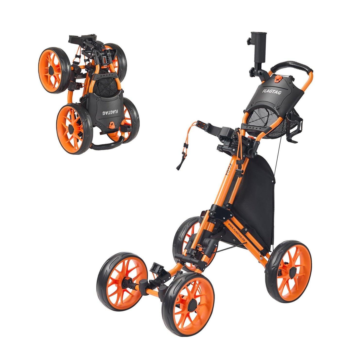 FLAGTAG Golf Push Cart 4-Wheels,Folding Golf Cart, Golf Pull cart with Cup Holder,Umbrella Holder,Cooler Bag, Foldable with one-Click,Handle Height Adjustable,Drink Holder,Walking Push cart
