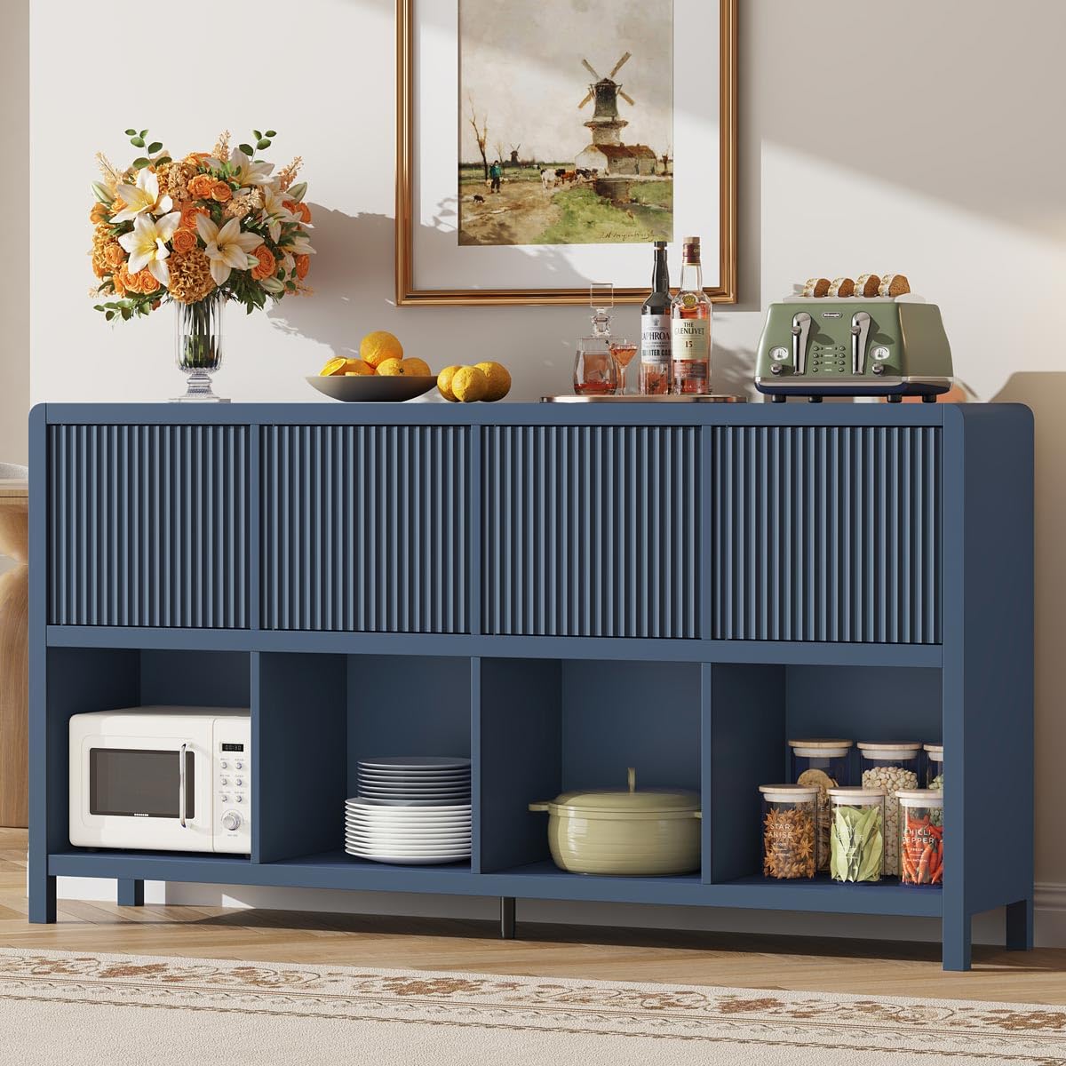 FATORRI 8 Cube Bookcase with 4 Doors, Wooden Bookshelf with Storage Cabinet, Low Horizontal Storage Book Shelf for Home Office, Living Room, Dining (57 Inch Blue)