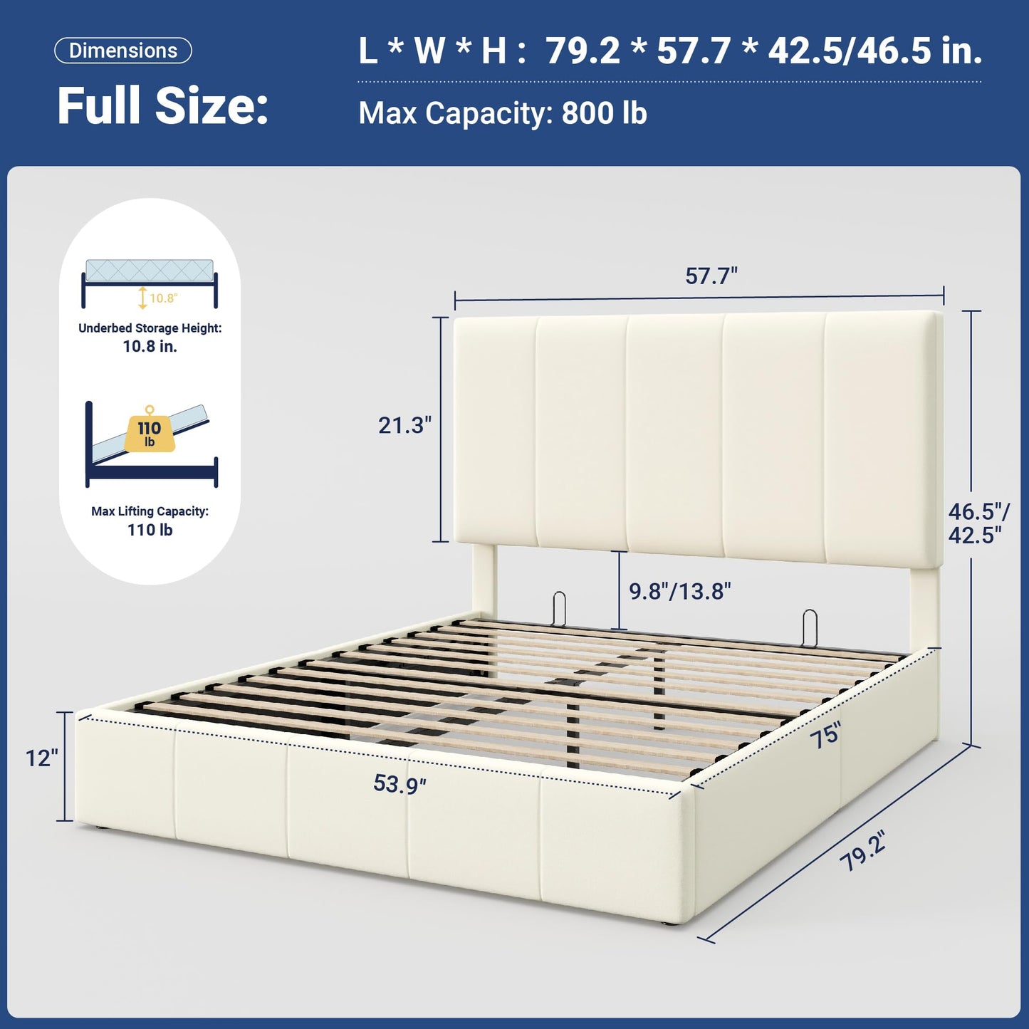 Allewie Full Size Velvet Lift Up Storage Bed Frame, Vertical Channel Tufted Headboard, Hydrualic Underneath Storage, Upholstered Platform Bed, Wooden Slats Support, No Box Spring Needed, Cream