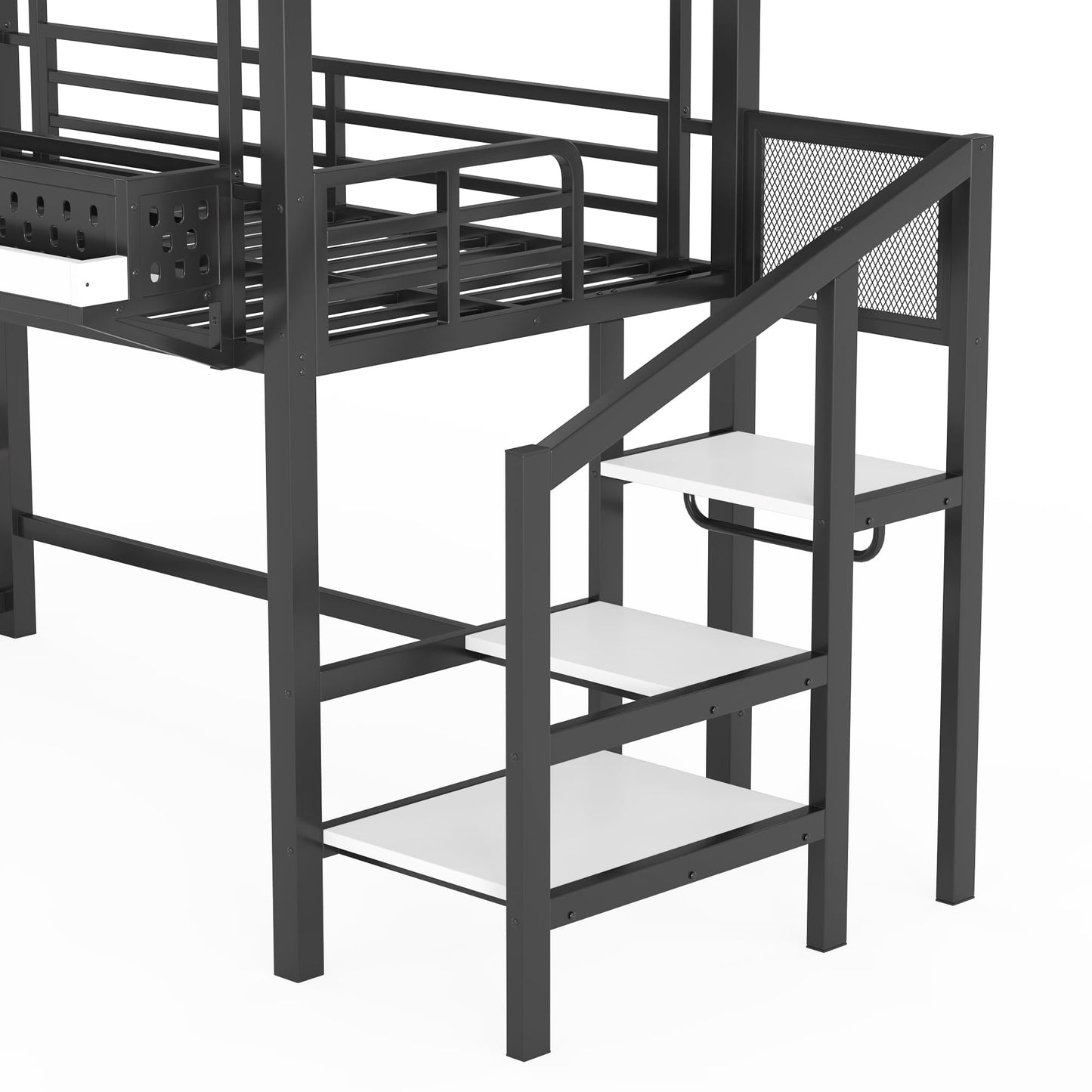 Twin Size Loft Bed with Storage Stairs, Shelves, Bedside Shelf and Wardrobe, Twin Loft Bed with Slide, Charging Station(USB Port, Outlets) and LED Light, House Loft Beds Frame for Girls, Boys, Black