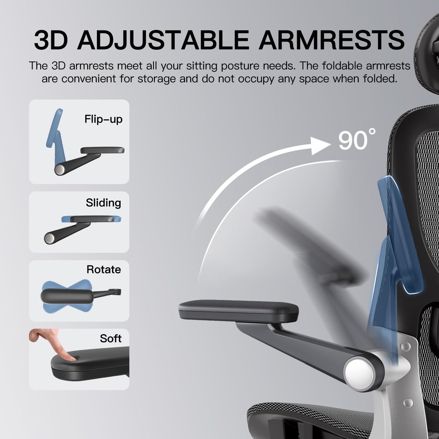 marrap Ergonomic Office Chair, Mesh Desk Chair with 3D Armrests, Adjustable Lumbar Support and Headrest, 90-120° Rocking Function, Black