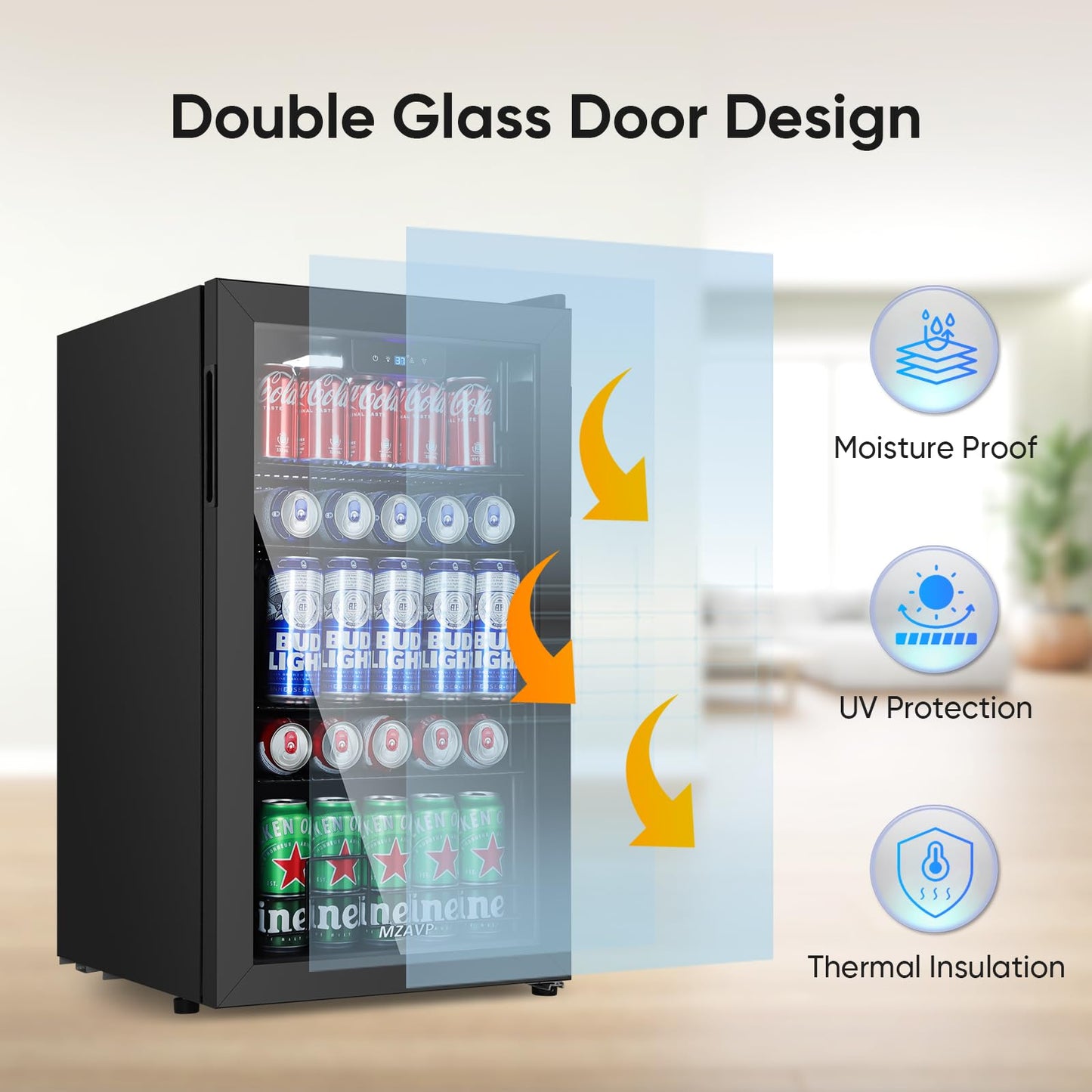 MZAVP 120 Cans Beverage Refrigerator Freestanding, Small Beverage Cooler with Glass Door, Mini Drink Fridge for Beer Soda, 3.0 Cu.Ft for Office, Home, Bar, White LED Light & Reversible Door - Black