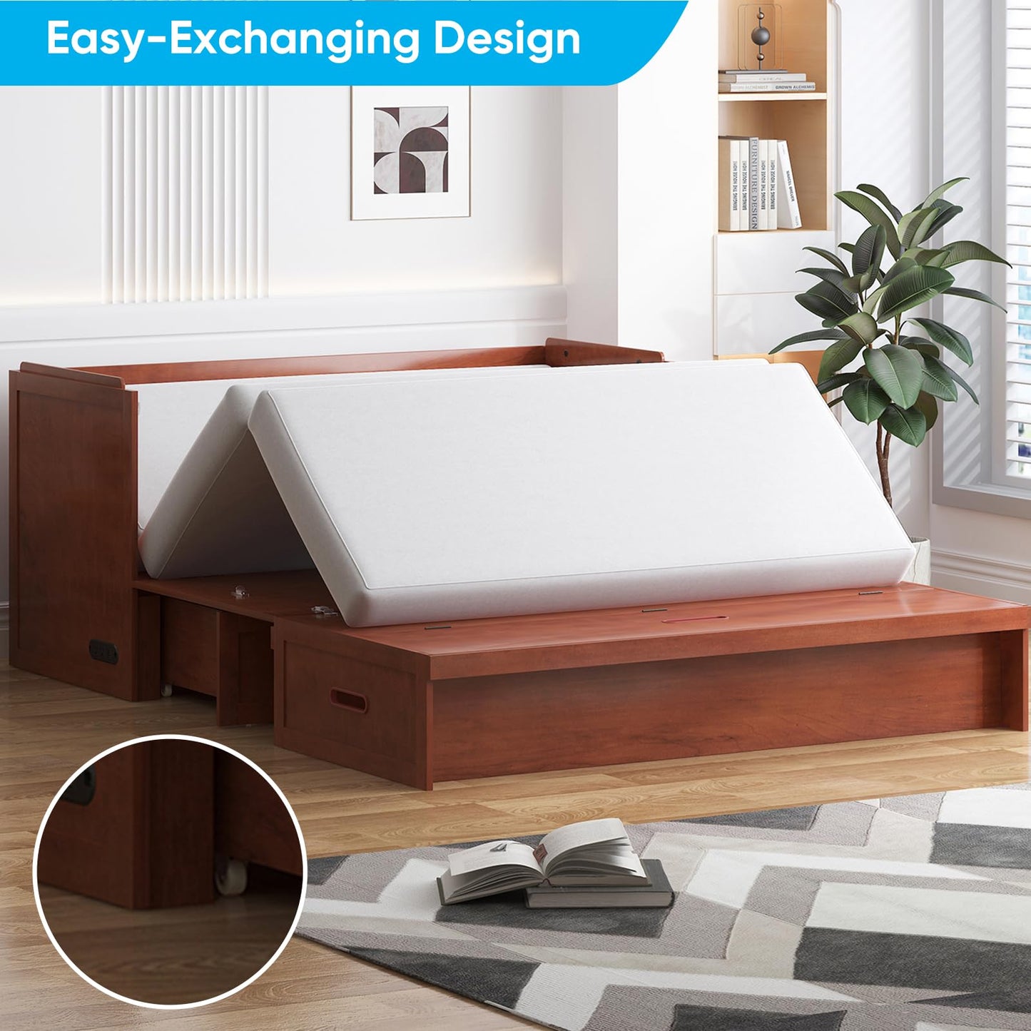Mjkone Murphy Bed, Queen Hidden Cabinet Bed with Built-in USB Charging Station and 2 Storage Drawers, Murphy Wall Beds Cabinet Beds for Living Room, Guest Room, Apartment, Brown (No Mattress)