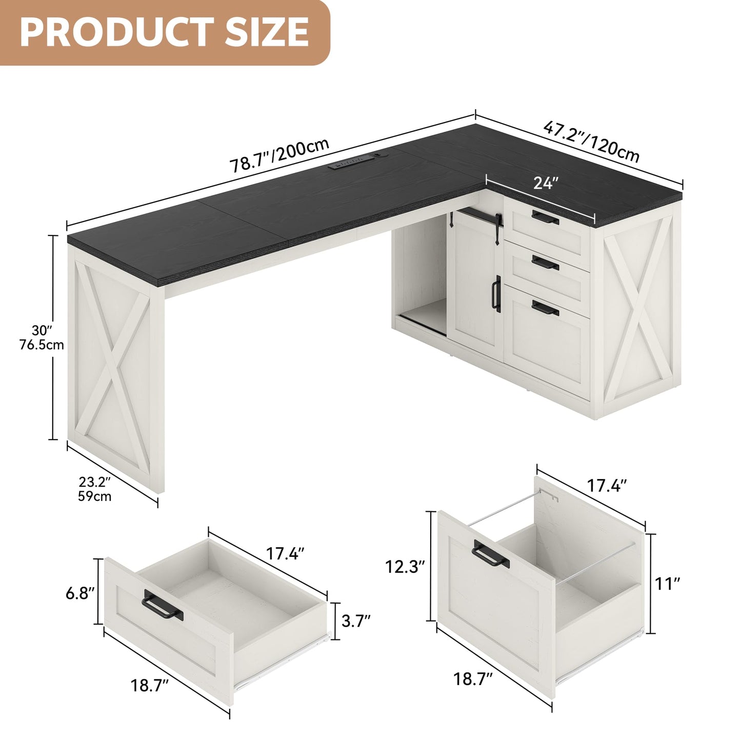 Homiflex Farmhouse L Shaped Office Desk with Drawers 78 Inch L Shape Desk Executive Office Desk with File Cabinet Storage Shelves and Power Outlets for Home Office, White and Black