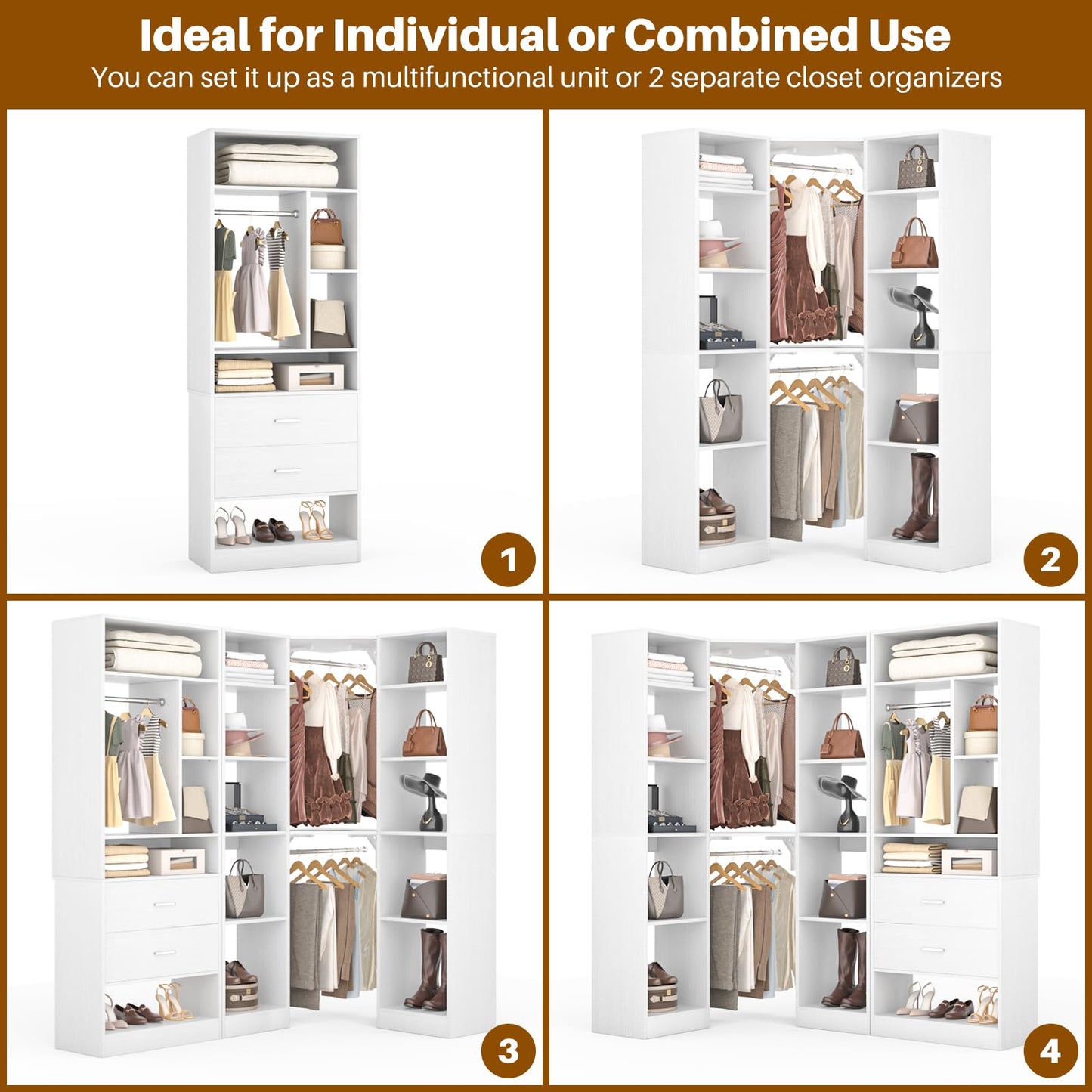 Besiost Corner Closet System with 2 Sets, 63.2" Corner Closet Organizer System with 2 Drawers + 18 Shelves + 3 Hanging Rods, Reversible L Shaped Walk-in Closets, White (63.2" L x 39.2" W x 80" H)
