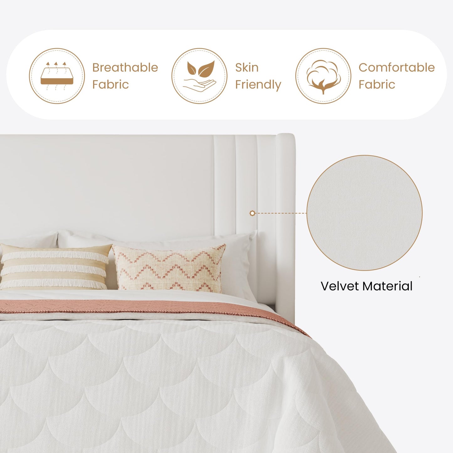 SHA CERLIN King Size Velvet Upholstered Platform Bed Frame with Vertical Channel Tufted Wingback Headboard, Wooden Slats Support, Easy Assembly, Under Bed Storage, No Box Spring Required, White