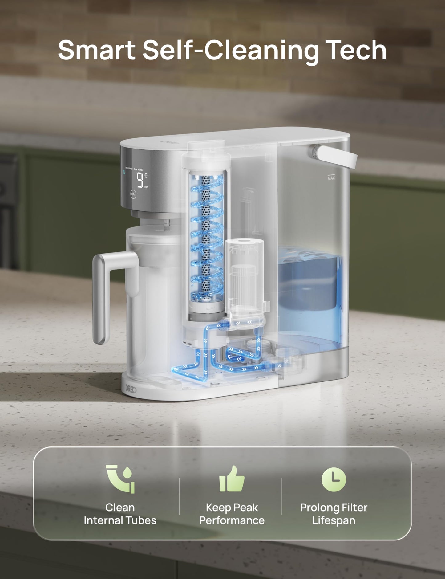 DREO Reverse Osmosis Water Filter Countertop, RO Filtration System, 3:1 Pure to Drain, TDS & Filter Life & 2 Autofill Pitchers, Install-Free, Self-Cleaning Water Purifier, RO Water Filter