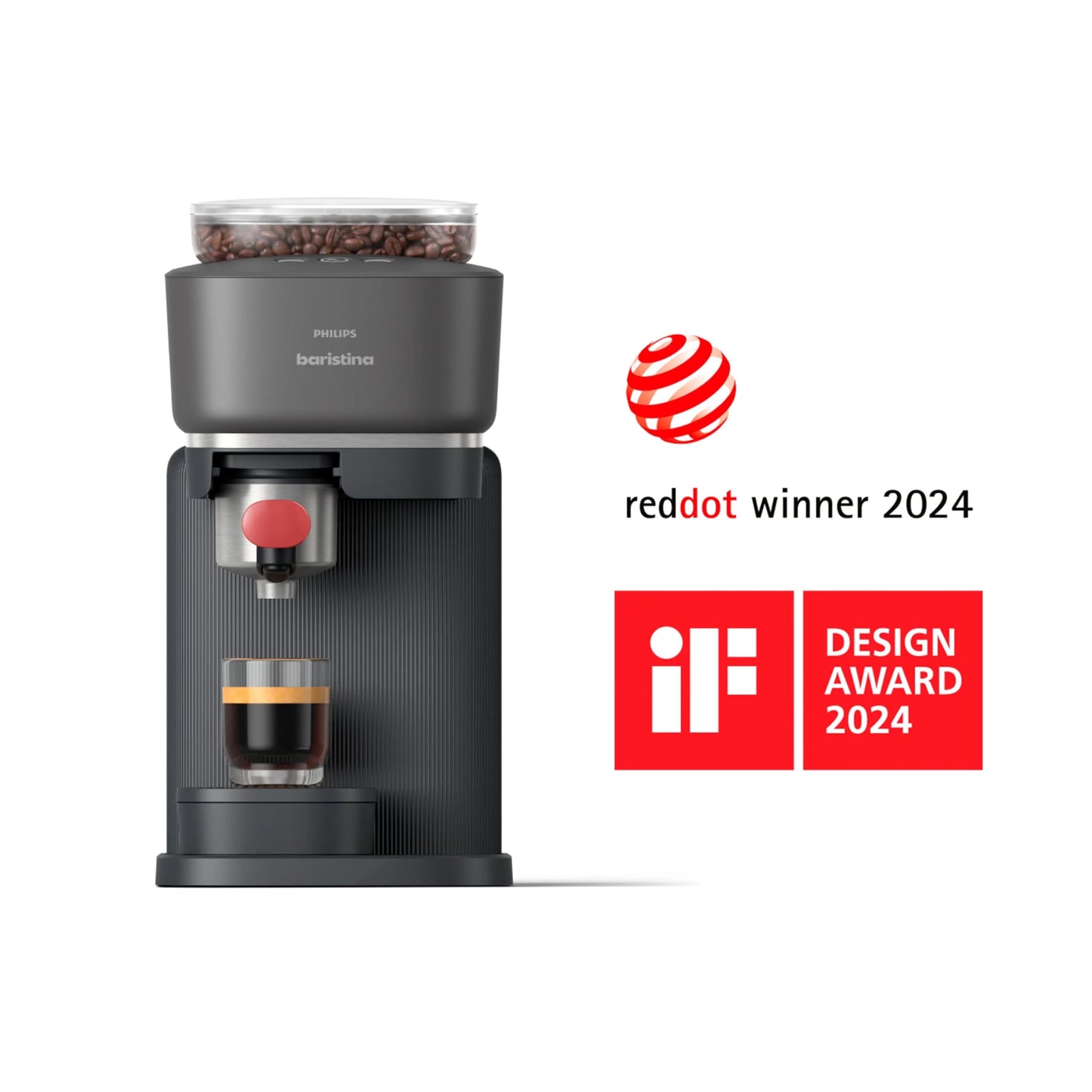 Philips Baristina Espresso Machine, Grind, Tamp & Brew Coffee Beans in One Swipe, Compact, 16 Bar Pump Pressure, Automatic Grinder, Black with Berry Red Portafilter (BAR301/60)