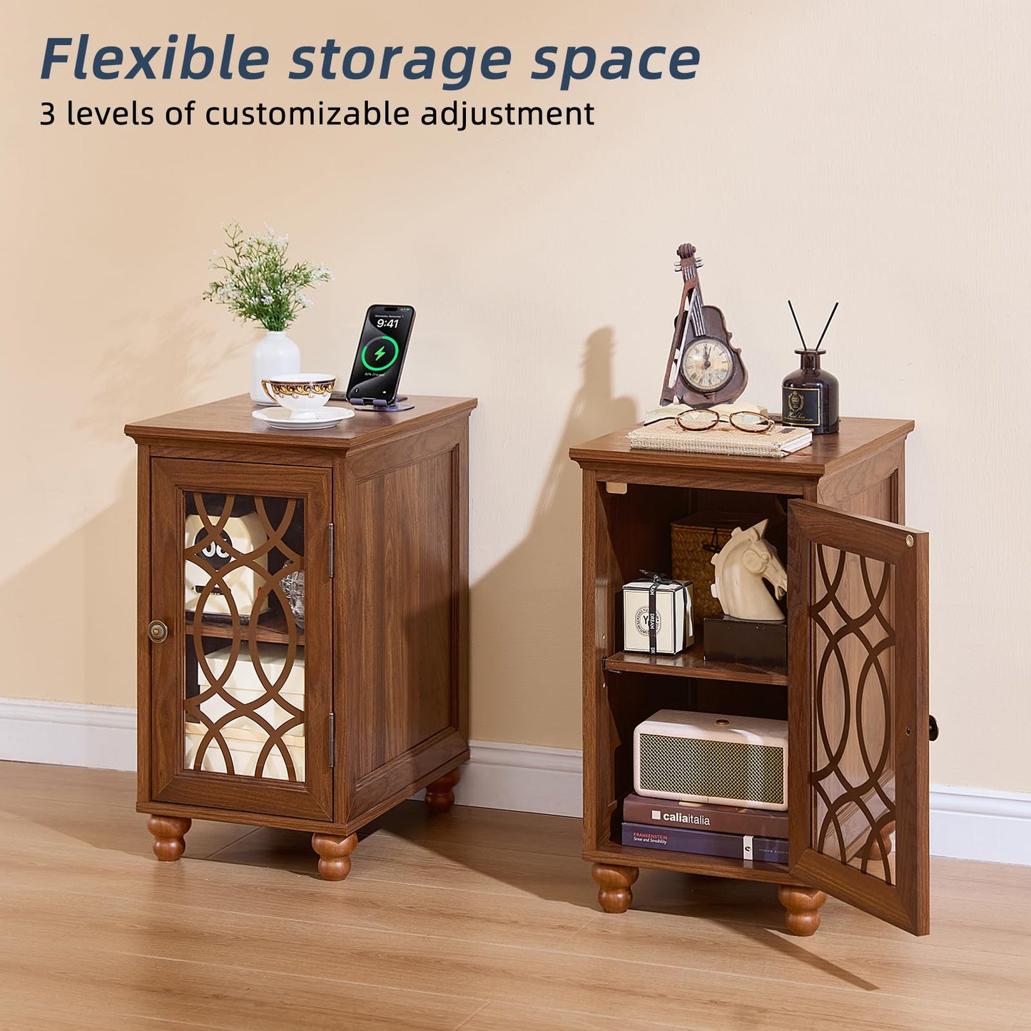 Joaxswe Narrow Side Table with Charging Station Set of 2, Night Stand with Glass Door,Bedside End Tables with Adjustable Shelf Storage Cabinet,Wood Nightstand for Small Spaces Living Room Bedroom