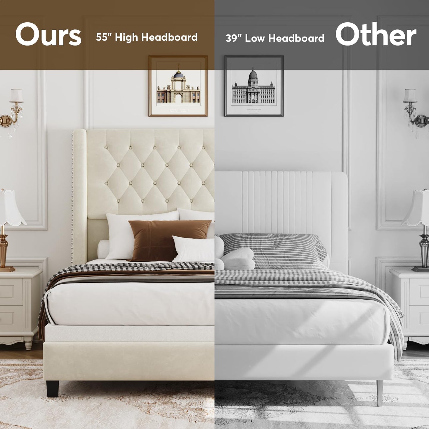 SEREINEY Queen Bed Frame with 55" Tall Headboard, Upholstered Bed Frames, Soft Fabric, Button Tufted Headboard with Windback, Platform Bed, Noise-Free, No Box Spring Needed, Beige