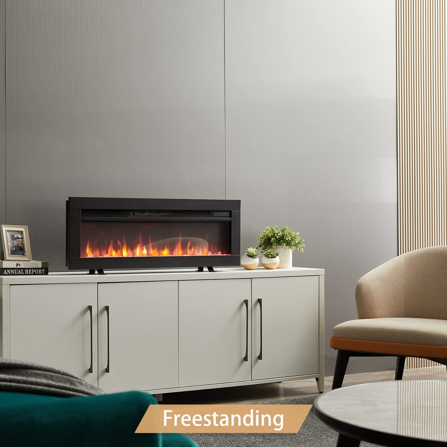 Efiretric® Arthur 36" W 3 in 1 Electric Fireplace (EF456), Freestanding, Wall Mounted, Recessed, 9 Colors Flame Effect, TV Media Wall, Heater 750W/1500W, Remote Control