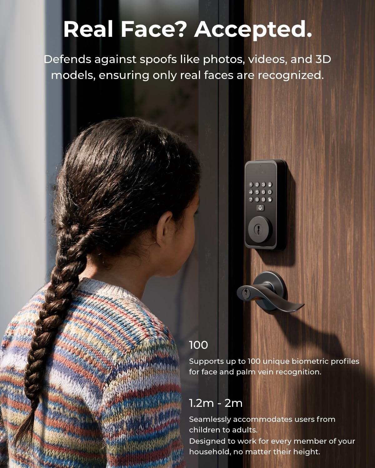 Smart Door Lock with Face & Palm Vein Recognition, Ultra-Wide Peephole Video Doorbell, Keep-Alive WiFi, Tuya App Control, Keyless Entry with Rechargeable Battery for Front Door