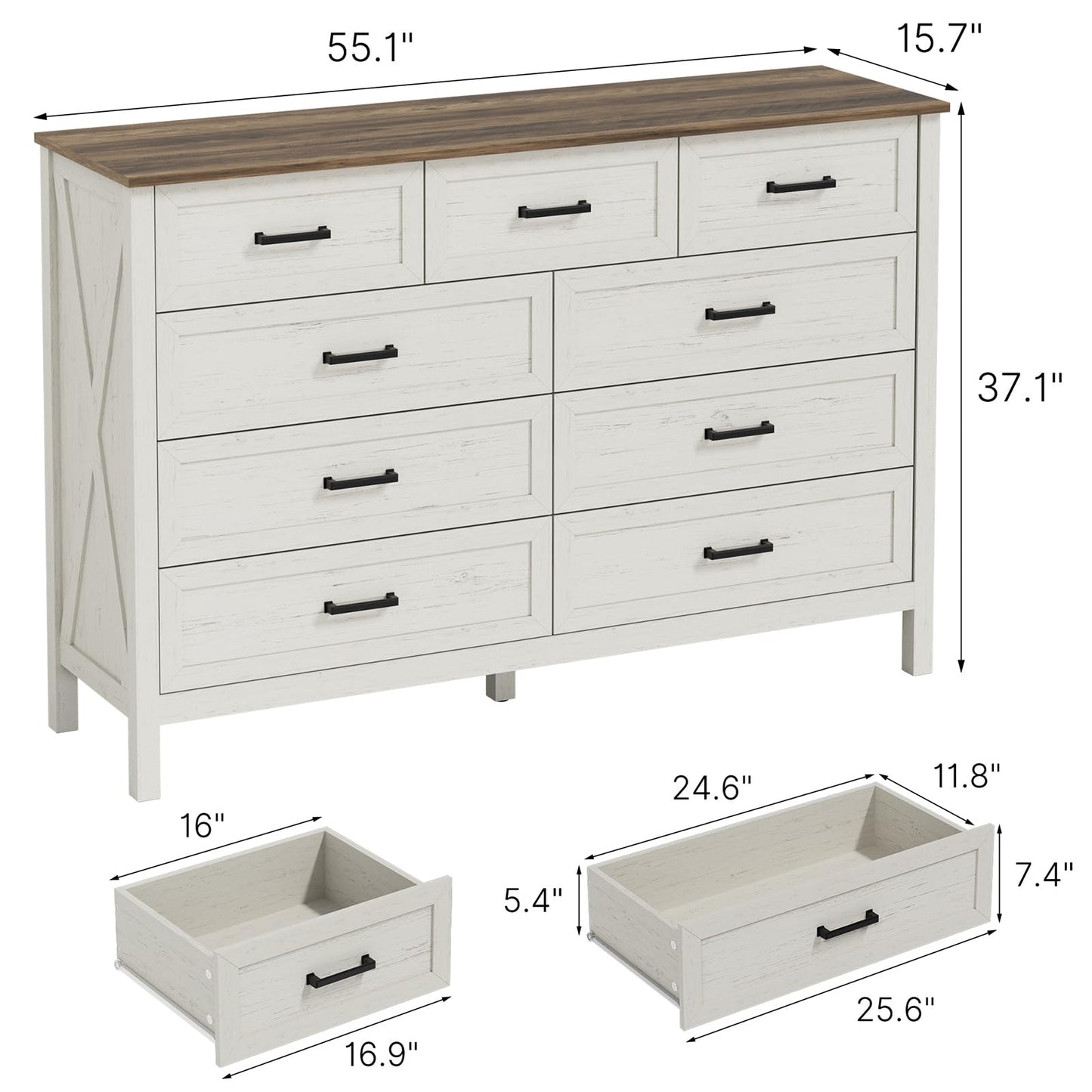 LYNSOM Farmhouse 9 Drawer Dresser for Bedroom, 55 Inch Wide Wood Rustic Chest of Drawers with X-Marking & Bar Handle, Large Storage Dressers Organizer for Bedroom, Living Room, Antique White