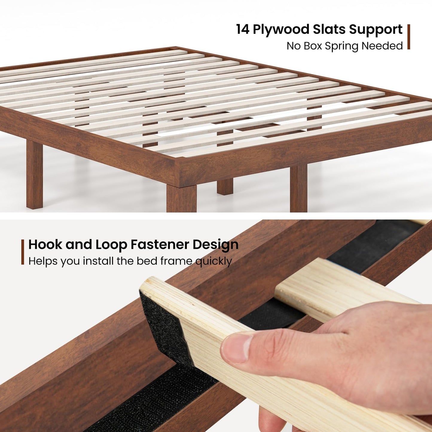 KOMFOTT 14 Inches Wood Platform Bed Frame Queen Size, Wooden Mattress Foundation with Rubber Wood Frame, Strong Wooden Slat Support, No Box Spring Needed, Bed Frame (Brown Cherry)