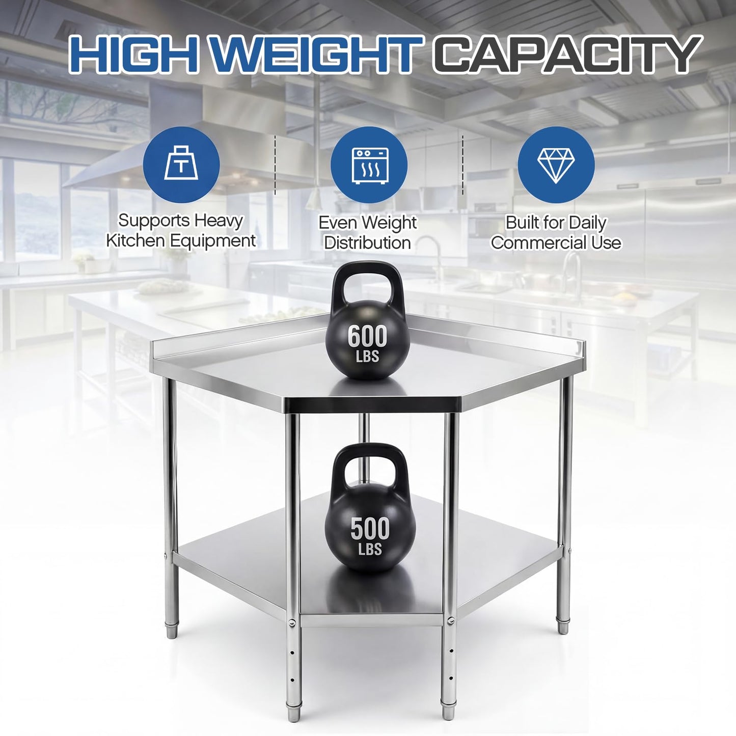 BreezeHug 36" x 36" Stainless Steel Corner Work Table Food Prep Tables for Commercial Kitchen Metal Heavy Duty Cooking Chef Workbench with Backsplash and Adjustable Shelf for Restaurant or Home