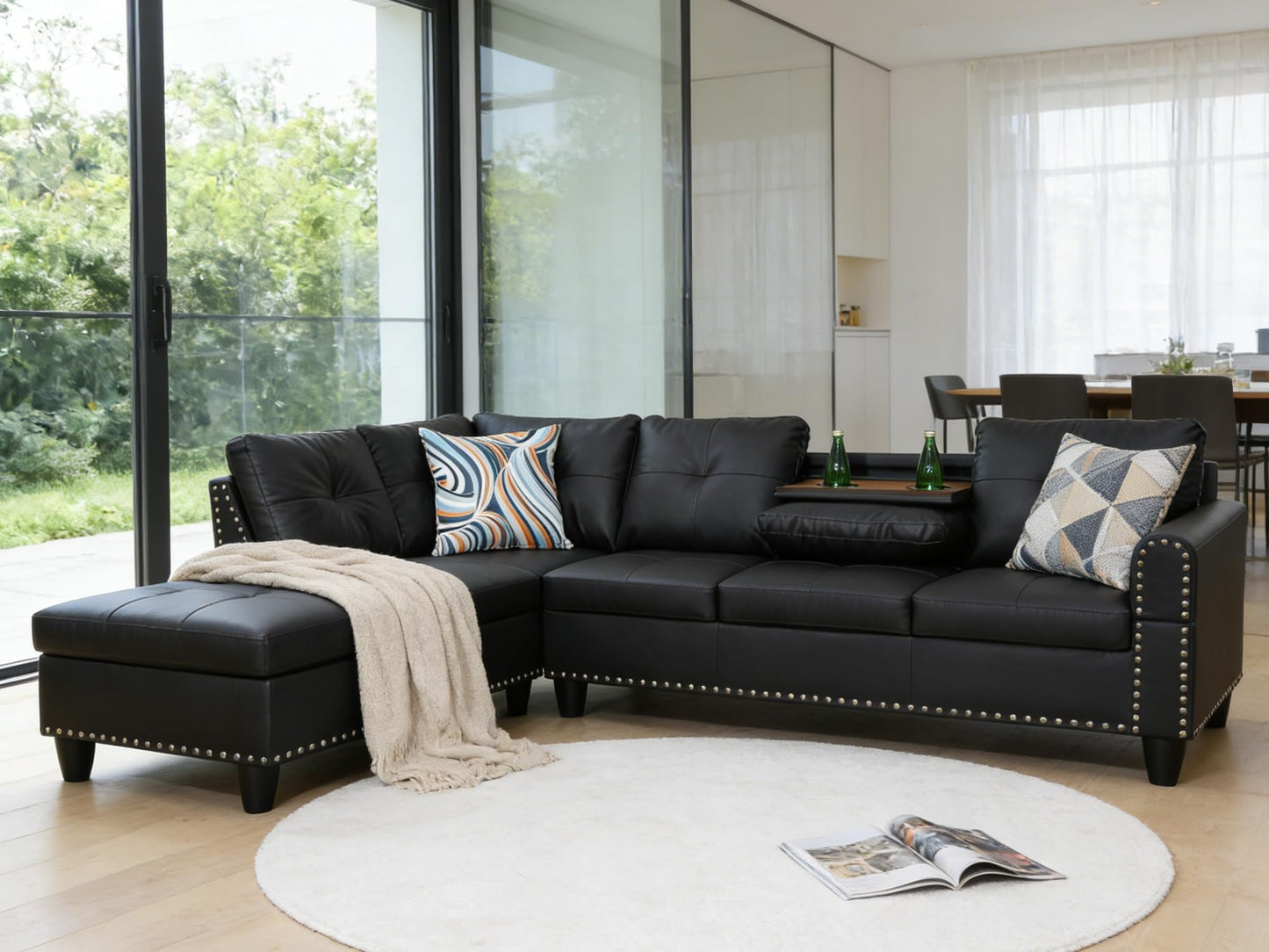 Trygoal L-Shaped Sectional Sofa with Cup Holder, Leather 4-Seat Couch with Chaise Lounge, Modern Upholstered Living Room Furniture, Black