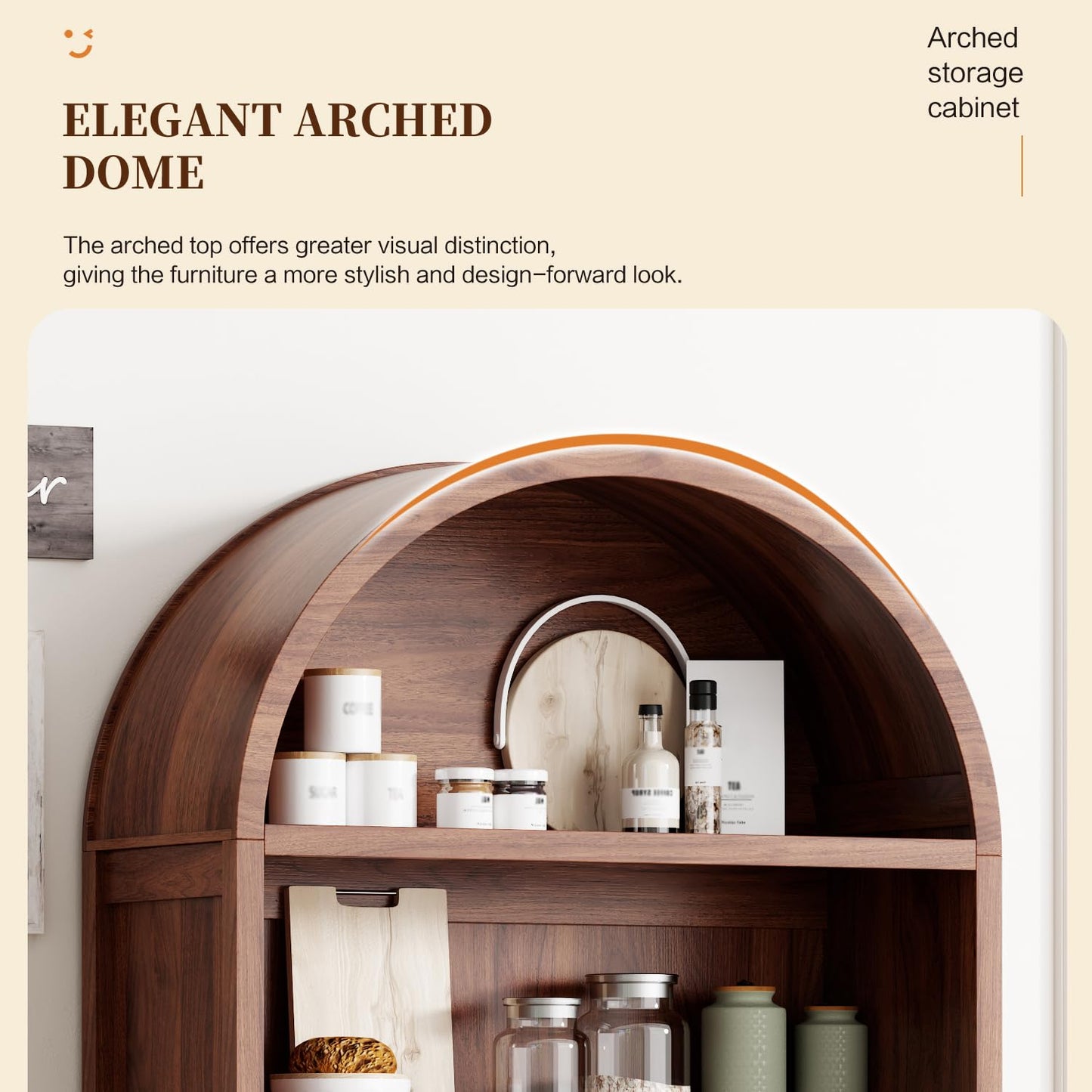 Ieejdn 71" Tall Arched Kitchen Pantry,Modern Fluted Wood Storage Cabinet with Doors,Adjustable Shelves,Organizer, Versatile Cupboard for Kitchen,Living Room,Dining Room,Bathroom,Walnut