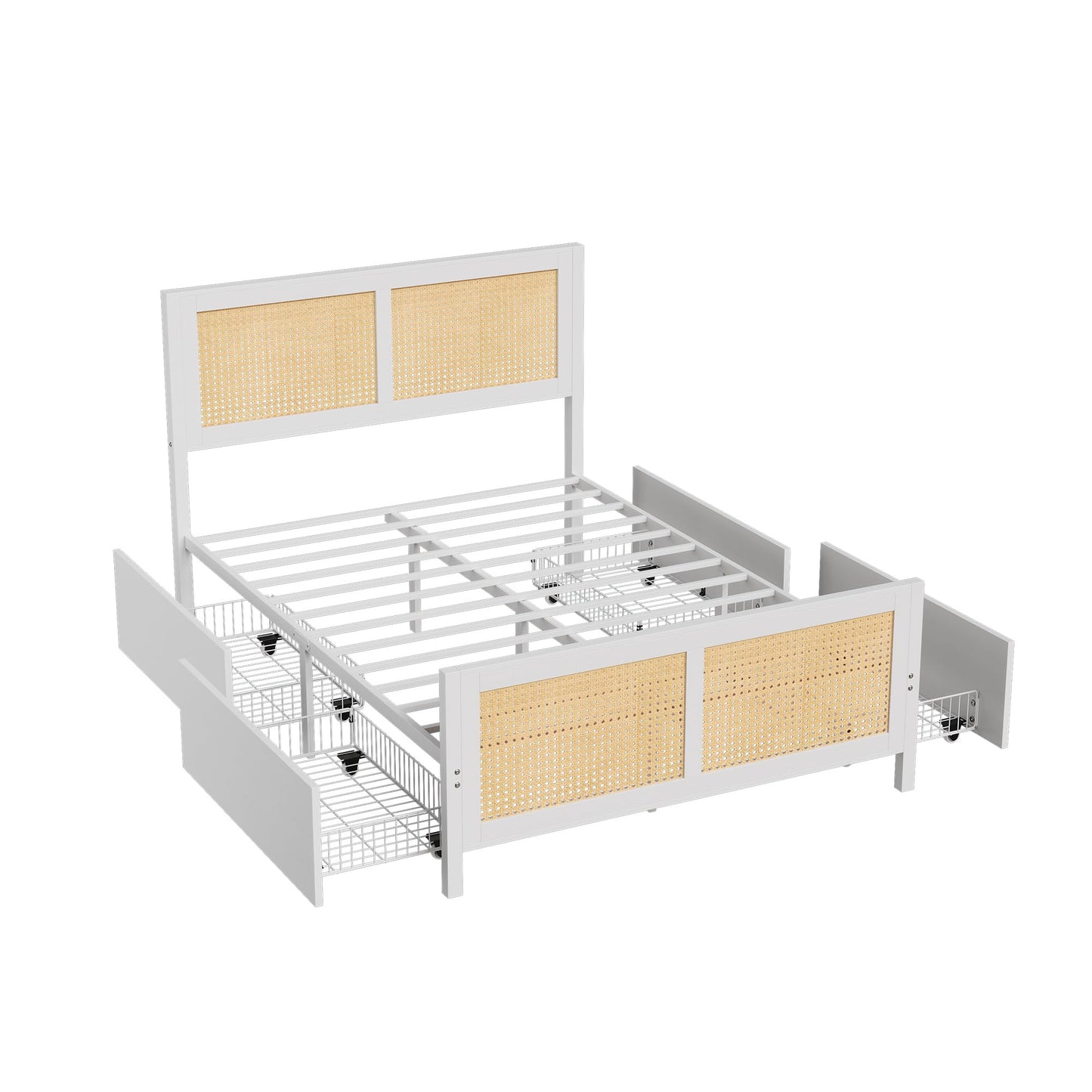 GarveeHome White Rattan Bed Frame with Headboard, Boho Cane Platform Full Size Bed Frame with 4 Drawers, Strong Metal Slats Support, Noise Free, No Box Spring Needed